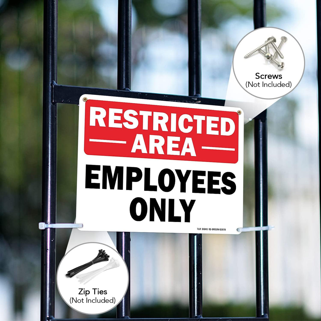 Restricted Area Sign Employees Only Sign - 4 Pack - 10 x 7 Inches Rust Free .040 Aluminum - UV Protected, Waterproof, Weatherproof and Fade Resistant - 4 Pre-drilled Holes
