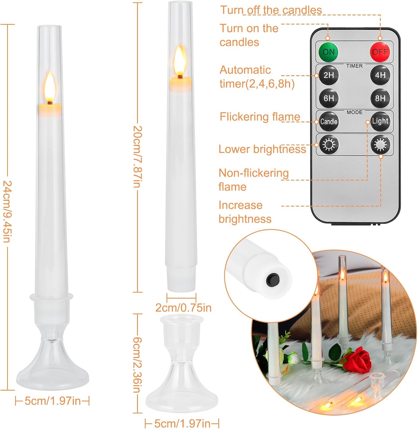 Comenzar 12PC Flameless Taper Candles - LED Candles, Flickering Design with Base, Perfect for Home, Windows，Decoration，Weddings, Parties (White)