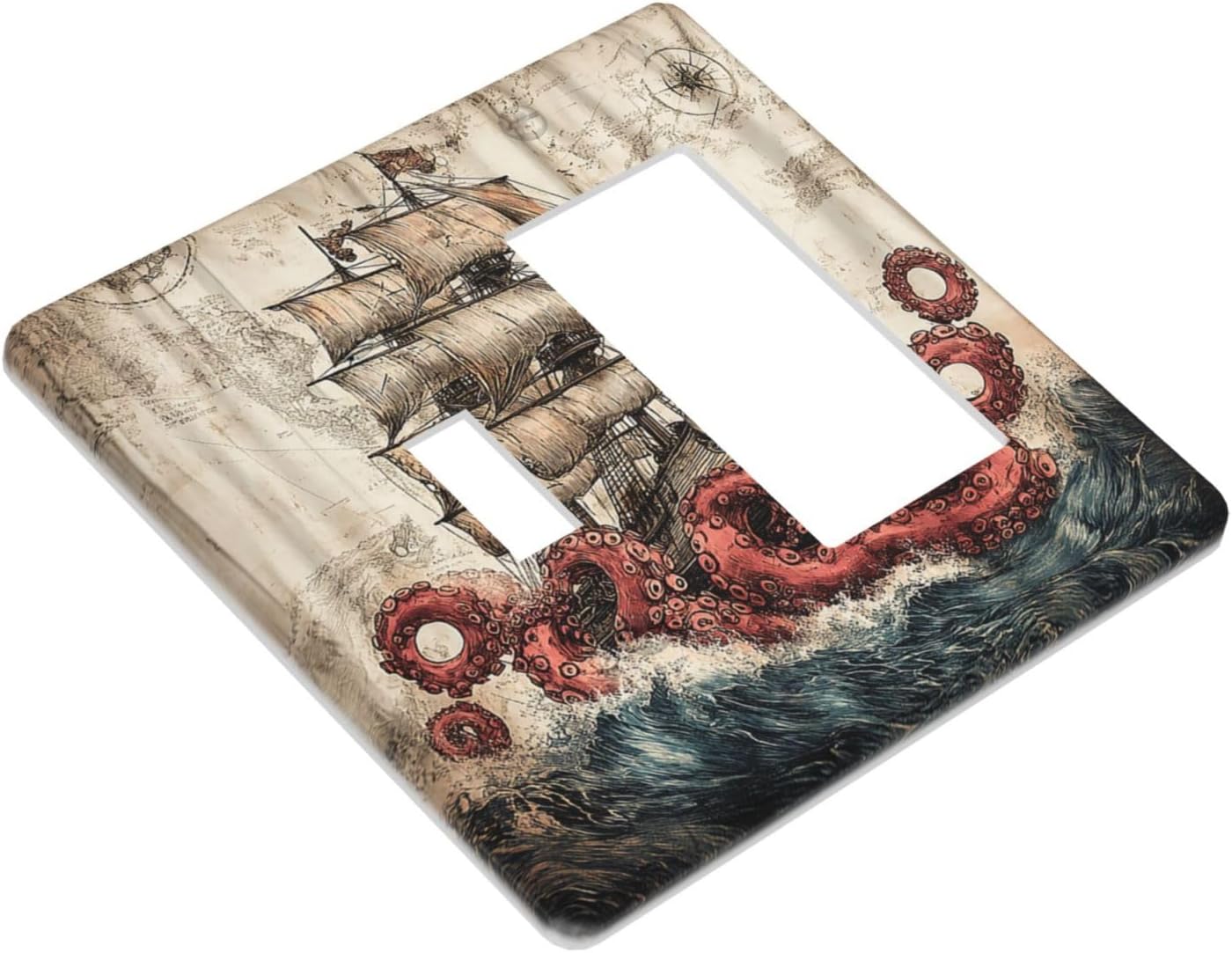 Outlet Covers Vintage Octopus Ocean Sailboat Bizarre Adventure 1 Toggle 1 Rocker Combination Decorative Wall Plate Light Switch Cover Plate Electrical Switch Plates for Bathroom Kids room Decor