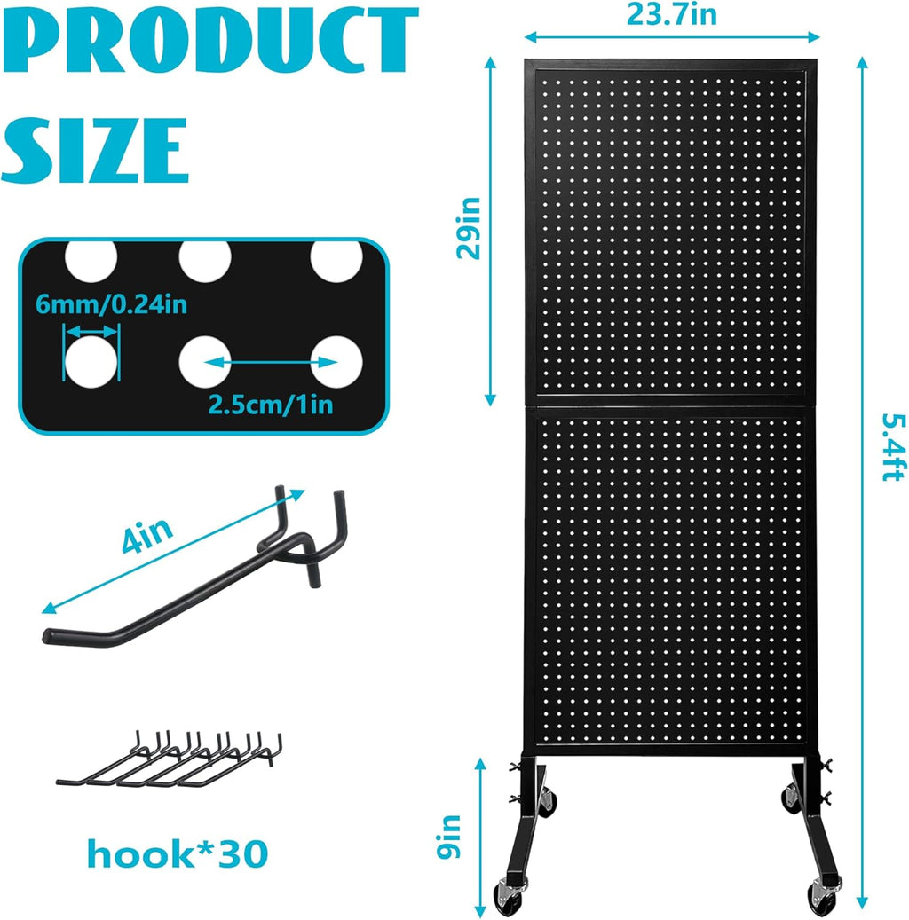 Royxen Standing Pegboard Display 2 x 5 Feet, Metal Pegboard with 30 Hooks, Peg Board Display Stand with Wheels for Vendors, Home and Retail Store (Black)