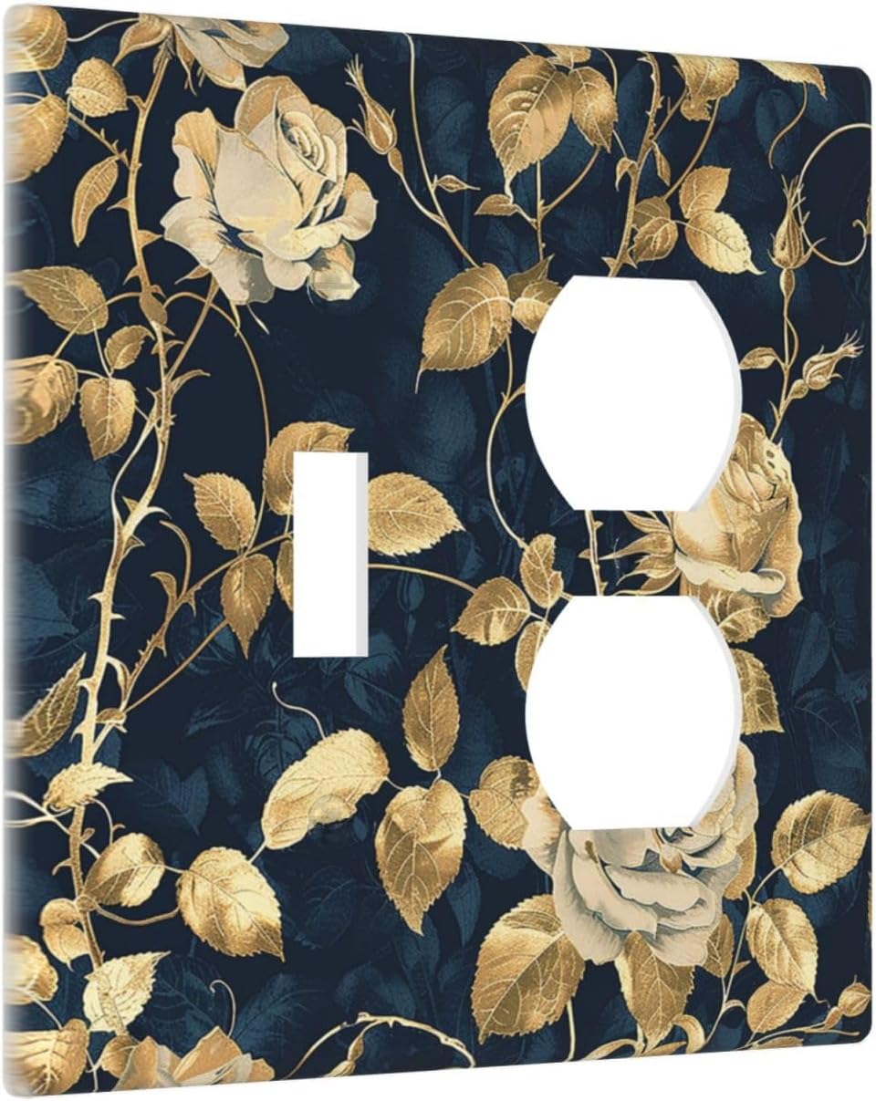 Wallplates Boho Vintage Floral Golden Flower Dark Blue Background 1 Toggle 1 Duplex Switch Plate Electrical GFCI Faceplate Decorative Light Switch Covers for Bedroom living Room Decor