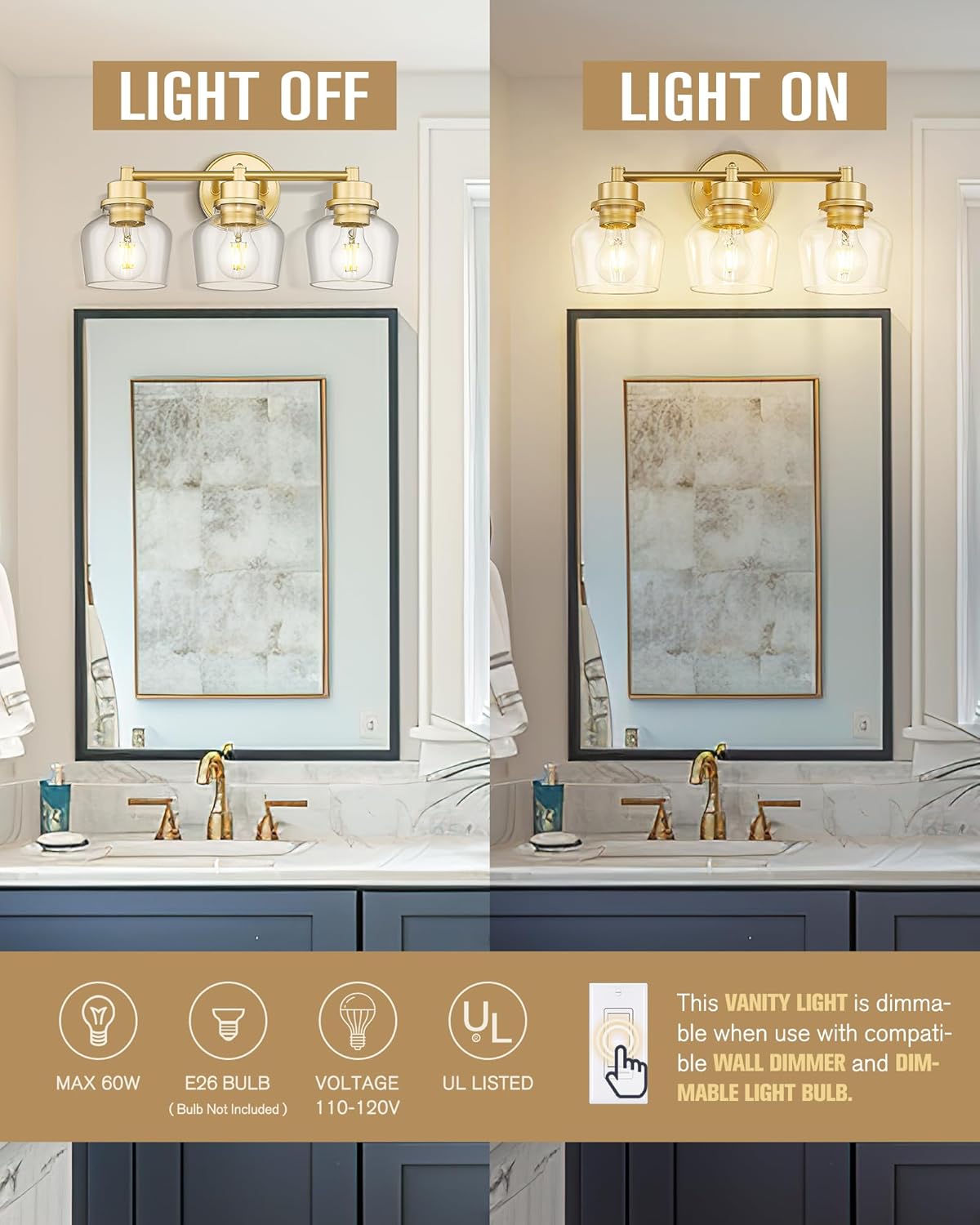 Emak Modern Gold Vanity Lights, Bathroom Lighting Fixtures Over Mirror with Clear Glass Shade, 3-Light Vanity Light for Bathroom, Mirror, Makeup Desk, VL122-GD-CG-3