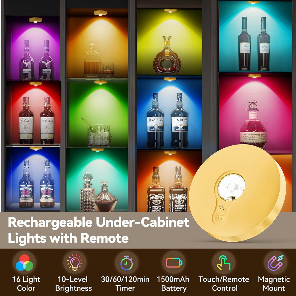 Yiliaw Rechargeable Puck Lights with Remote, Magnetic Under Cabinet Lighting, 1500mAh Battery Operated LED Tap Lights with Dimmer & Timmer for Kitchen, Closet, Shelf，Gold-3 Color Temps-12RGB，12-Pack