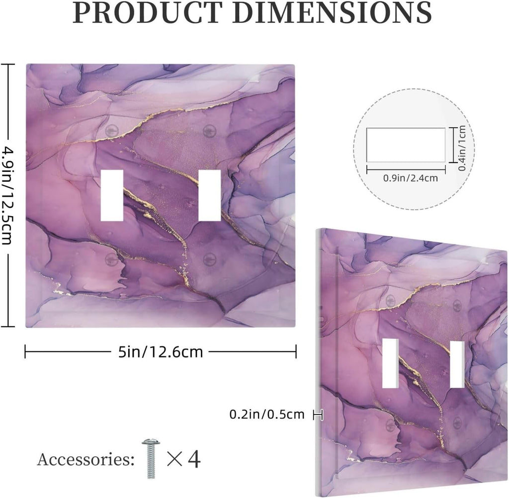 Decorative Switch Plates Purple Marbling Golden Line 2 Gang Double Toggle Outlet Light Switch Cover Wall Plate Electrical Faceplate for living Room Bathroom Decor