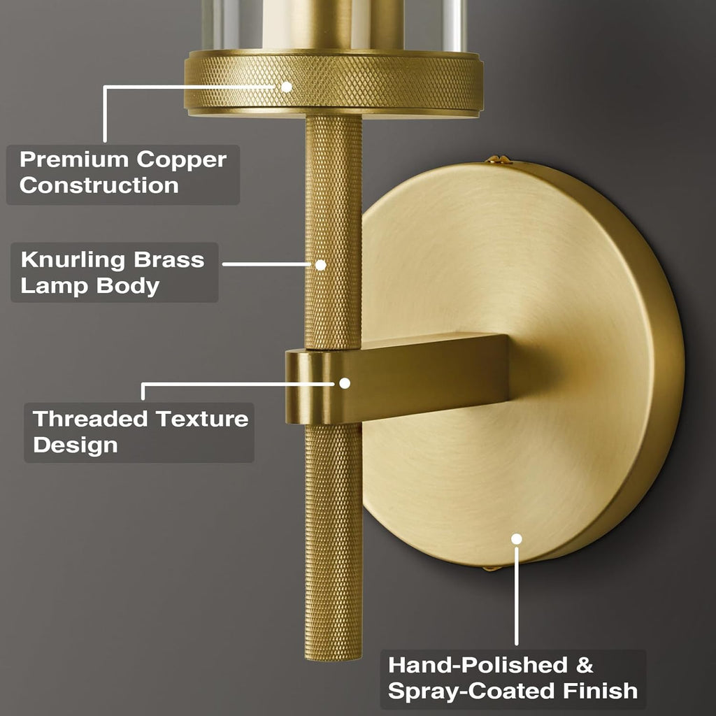 Gold Wall Sconces Set of Two, 19.48" Knurled Gold Wall Lighting with Glass Tube, Modern Brass Sconces Wall Lamp for Bedroom Living Room Bathroom Hallway Staircase & Vanity Mirror(Including Bulb)