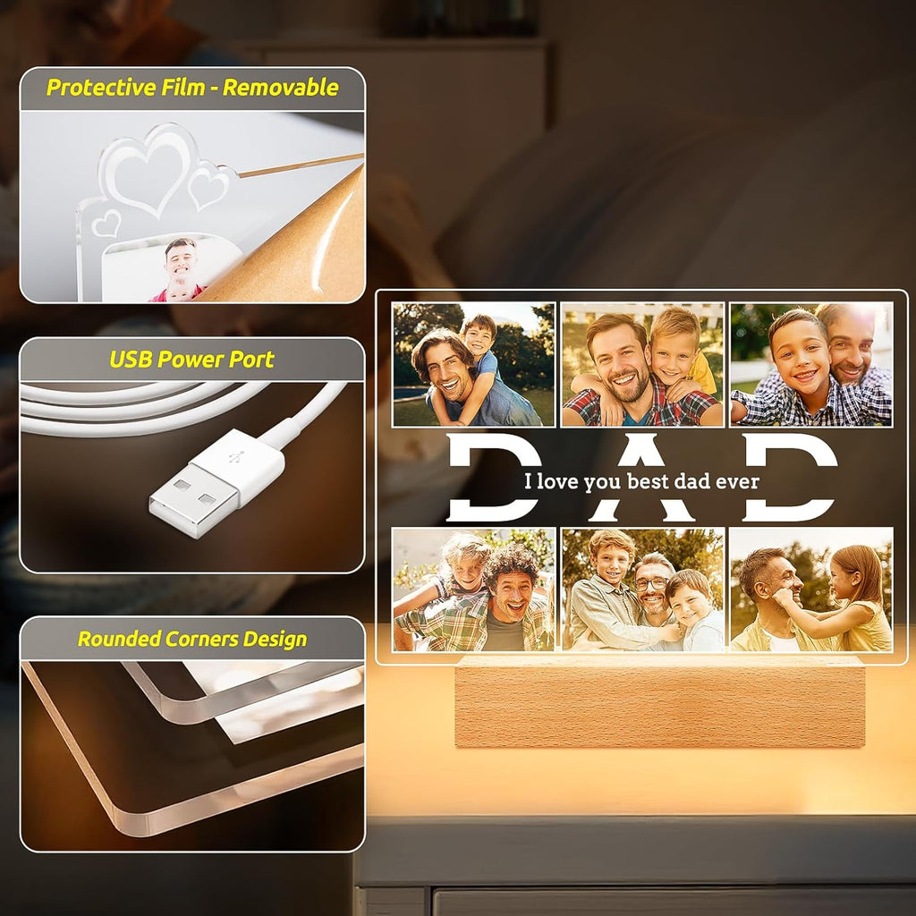 Personalized Birthday Gifts for Dad from Daughter Son, Custom Picture Frames with Photos, Customized Photo Frame with Night Light, Personalized Gifts for Dad Baby Kid Family