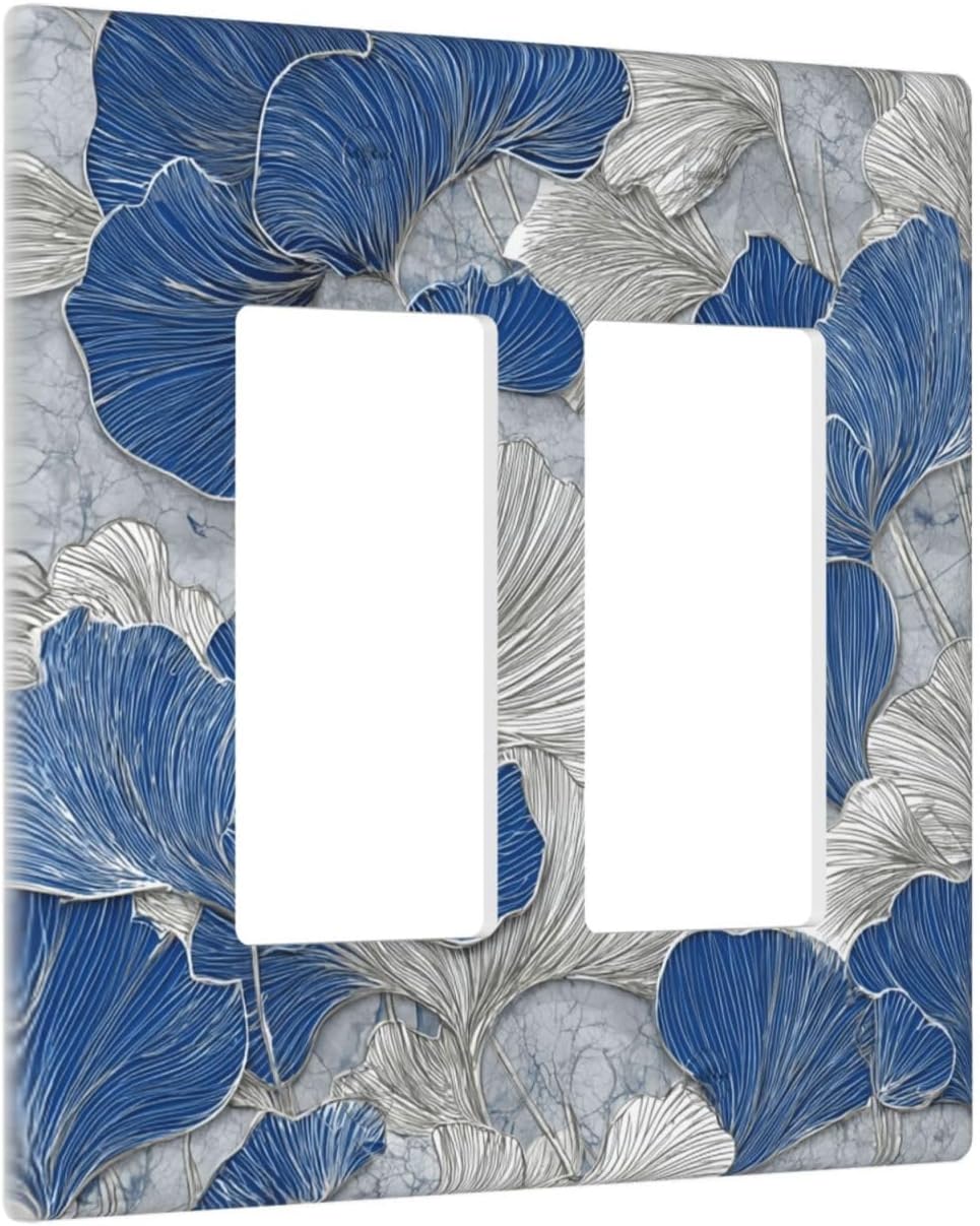 Abstract Blue Marble Plant Leaves 2 Gang Double Rocker Decorative Light Switch Covers Electrical Faceplate Switch Plates for Bathroom Kitchen Home