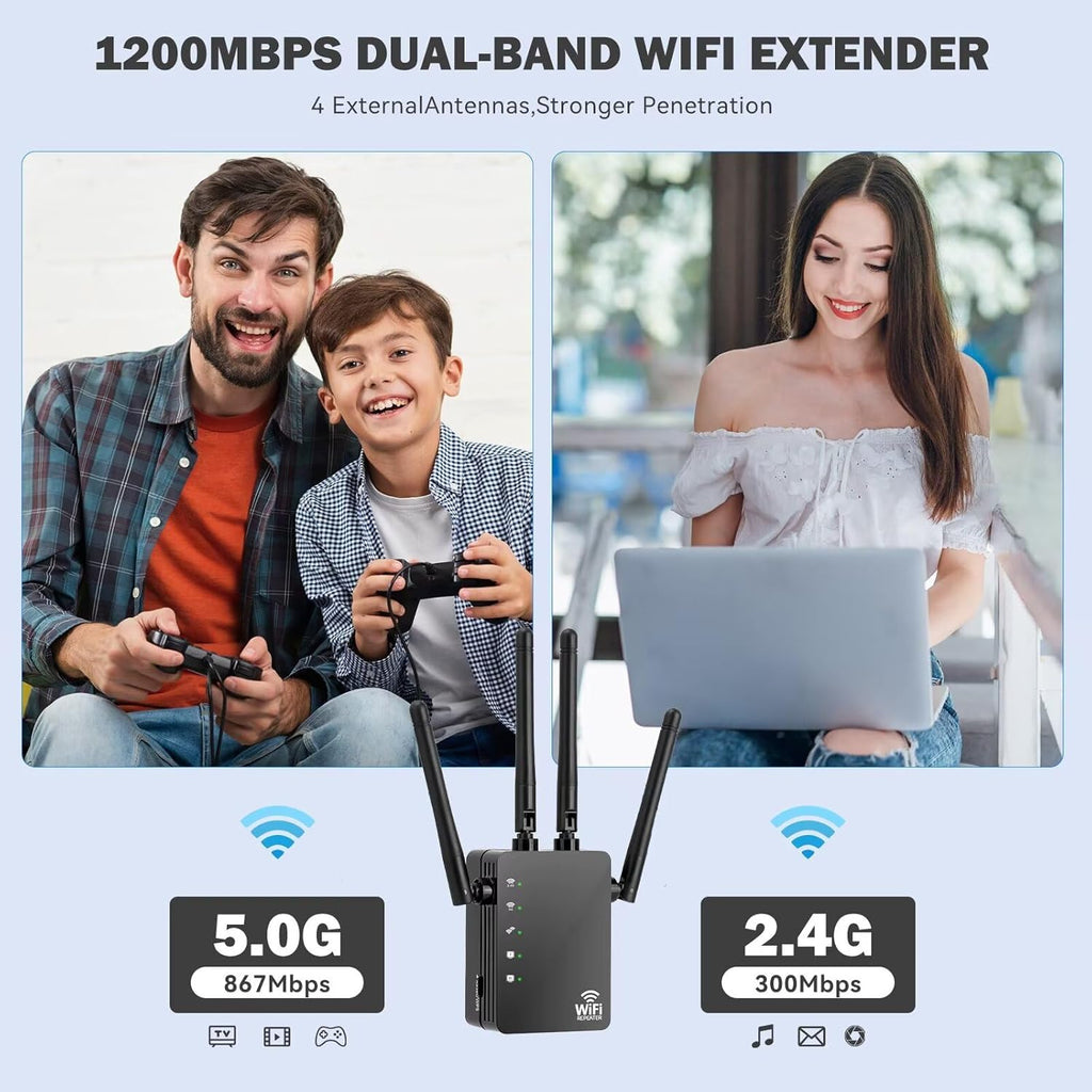WiFi Extender Signal Booster, Dual-Band 5GHz/2.4GHz 1200Mbps Repeater, Covers Up to 13,888 sq.ft & 150 Devices, Long-Range Internet Booster for Home, Garage, Basement, Outdoor, WPS Easy Setup
