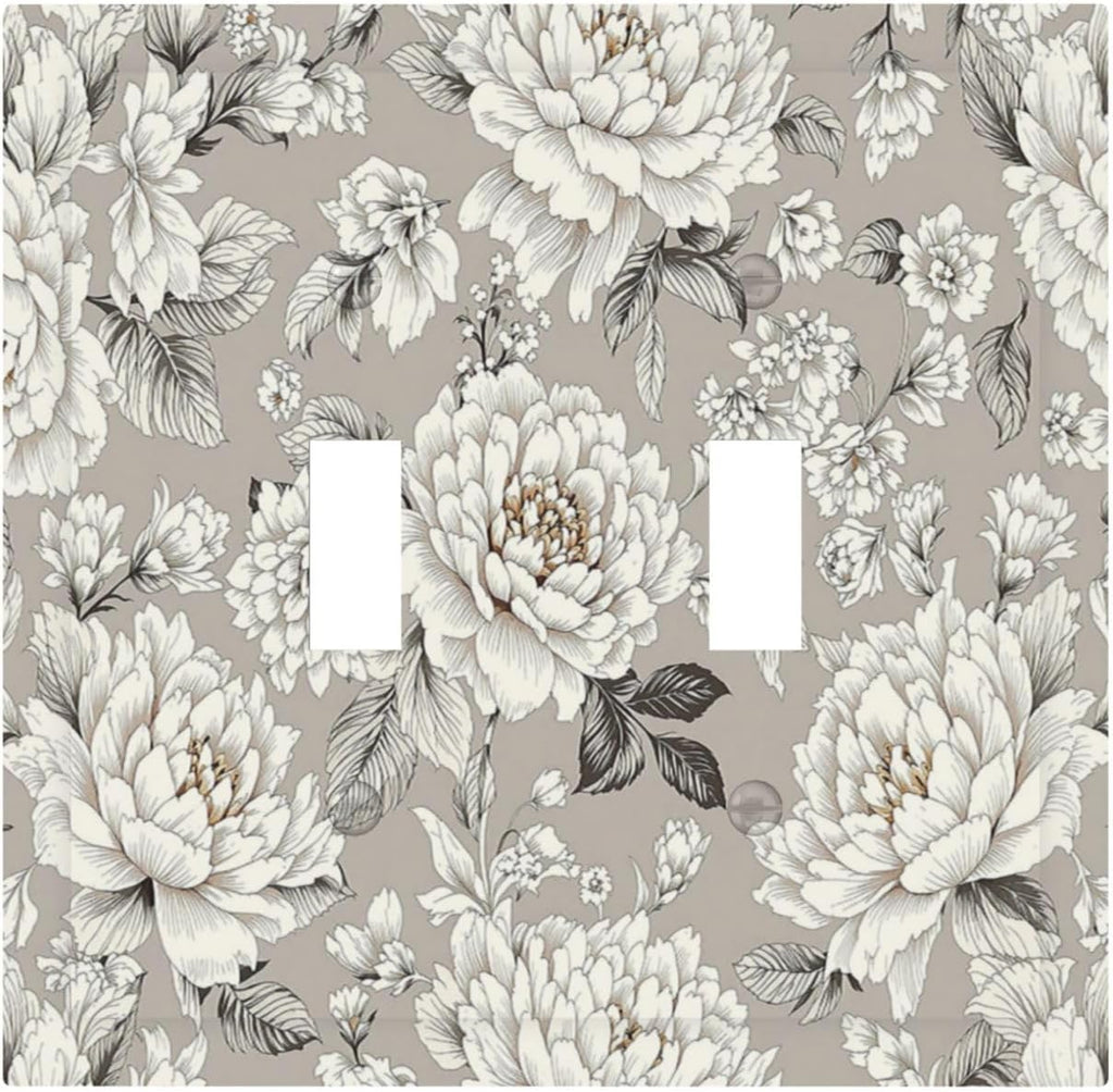White Poppies Floral Modern Grey Peonies Flowers Decorative Switch Plates 2 Gang Double Toggle Outlet Light Switch Cover Wall Plate Electrical Faceplate for Bedroom Bathroom Decor