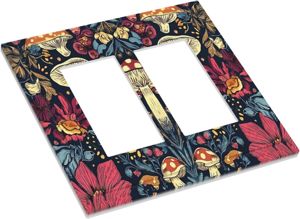 Decorative Outlet Covers Coloful Red Yellow Orange Magical Mushroom Forest 2 Gang Double Rocker Light Switch Cover Plate Electrical Switch Plate Cover Decorate GFCI Wall Plate for Bedroom Home Decor