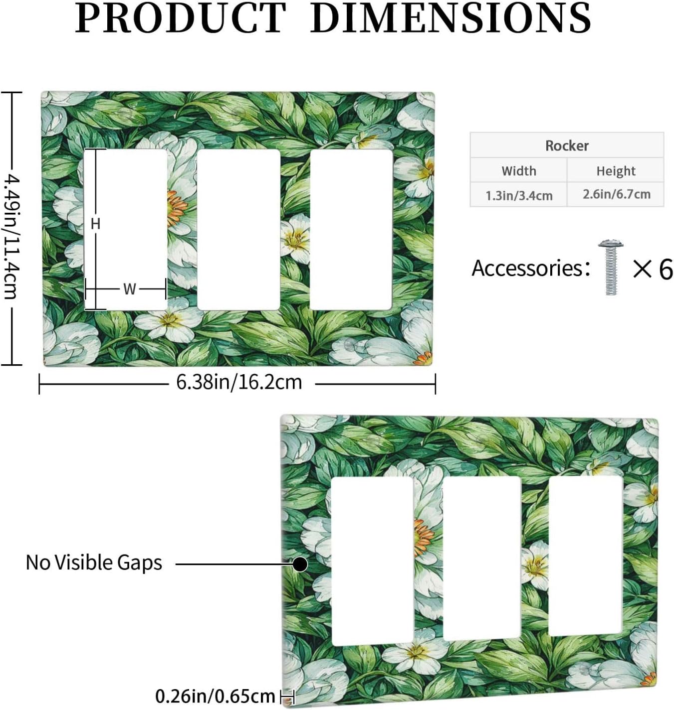 Vintage Floral White Flowers Green Plants Leaves Light Switch Covers 3 Gang Rocker Decorative Triple Outlet Wall Plate Cover Electrical GFCI Switchplate for Bedroom Bathroom Decor