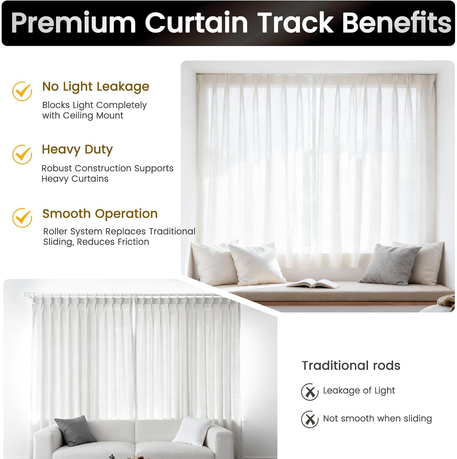 Aluminum 9 ft–12 ft Ceiling Curtain Track Set with 3 Types of Hooks, Adjustable Ceiling/Wall Mount Room Divider Curtain Rail System, White
