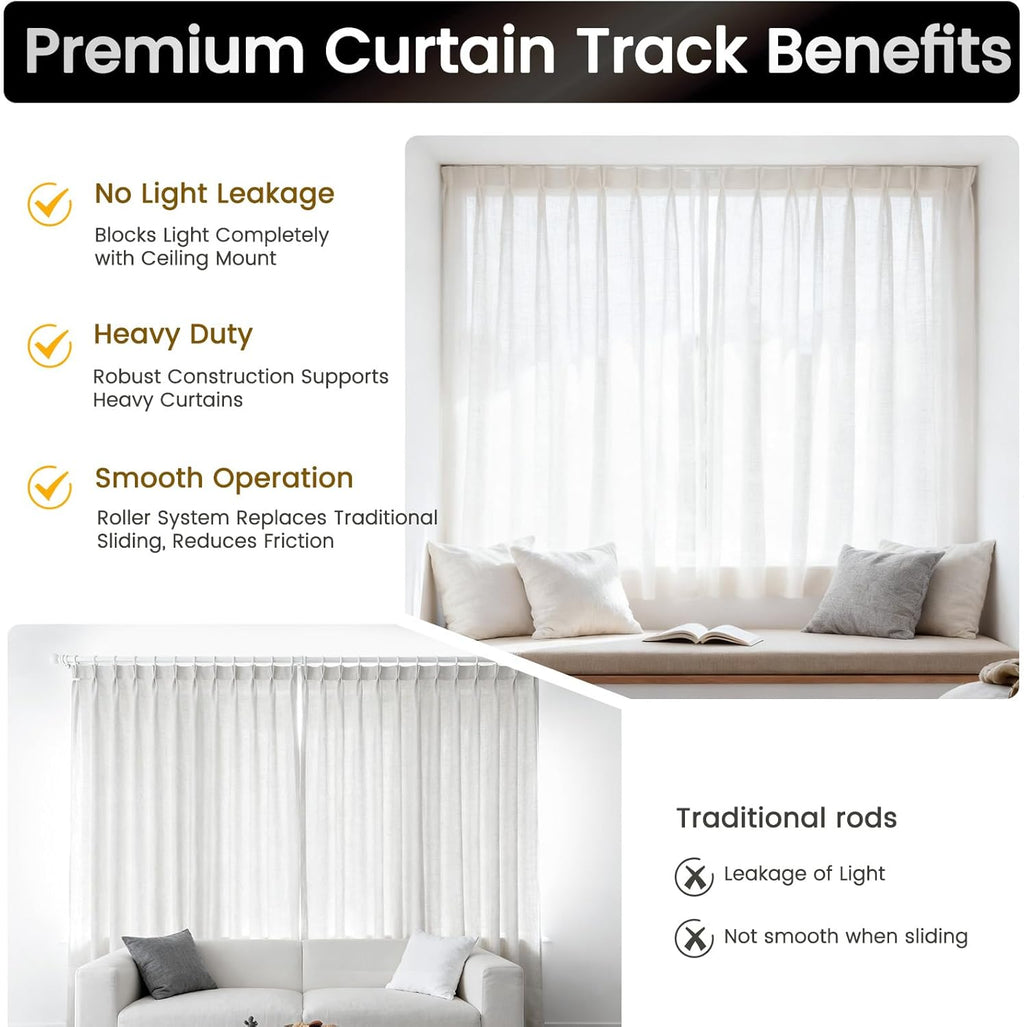 Aluminum 3 ft–6 ft Ceiling Curtain Track Set with 3 Types of Hooks, Adjustable Ceiling/Wall Mount Room Divider Curtain Rail System, White