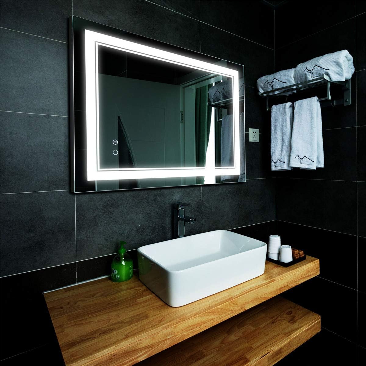 LED Bathroom Mirror Wall-Mounted Vanity Mirror with Anti Fog,Dimmable Waterproof Smart Touch Button Makeup Mirror with Lights Vertical & Horizontal (36x24 Inch)