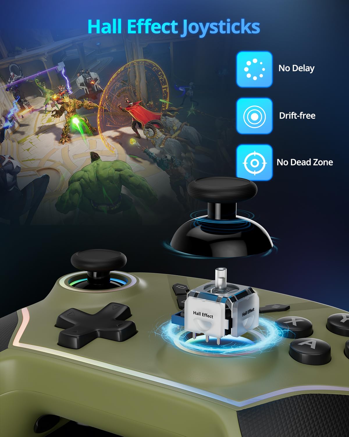 Multi-Platform Wireless Controller, PC Gaming Controller with 2.4G Adpater/Hall Joysticks/Hall Triggers/1200 mAh Battery/4 Programmable Buttons/RGB Lighting, Compatible with PC Windows 7/8.1/10/11, Switch/OLED/Lite, iOS, Android, Steam-Army Green
