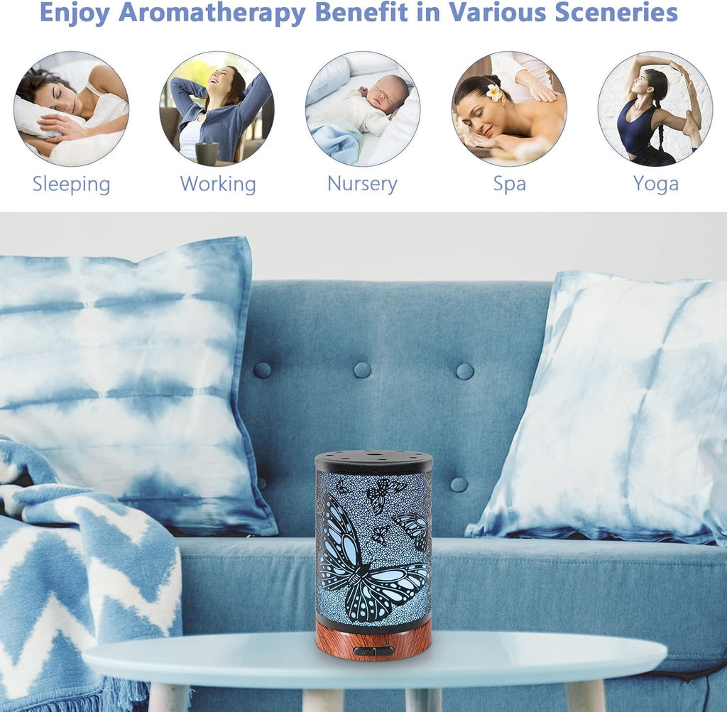 EQUSUPRO Essential Oil Diffuser 150ml Black Metal Aromatherapy Oil Diffuser Ultrasonic Cool Mist Diffuser with Auto Shut-Off Protection,7 Colors Changed LED for Home Office SPA Yoga