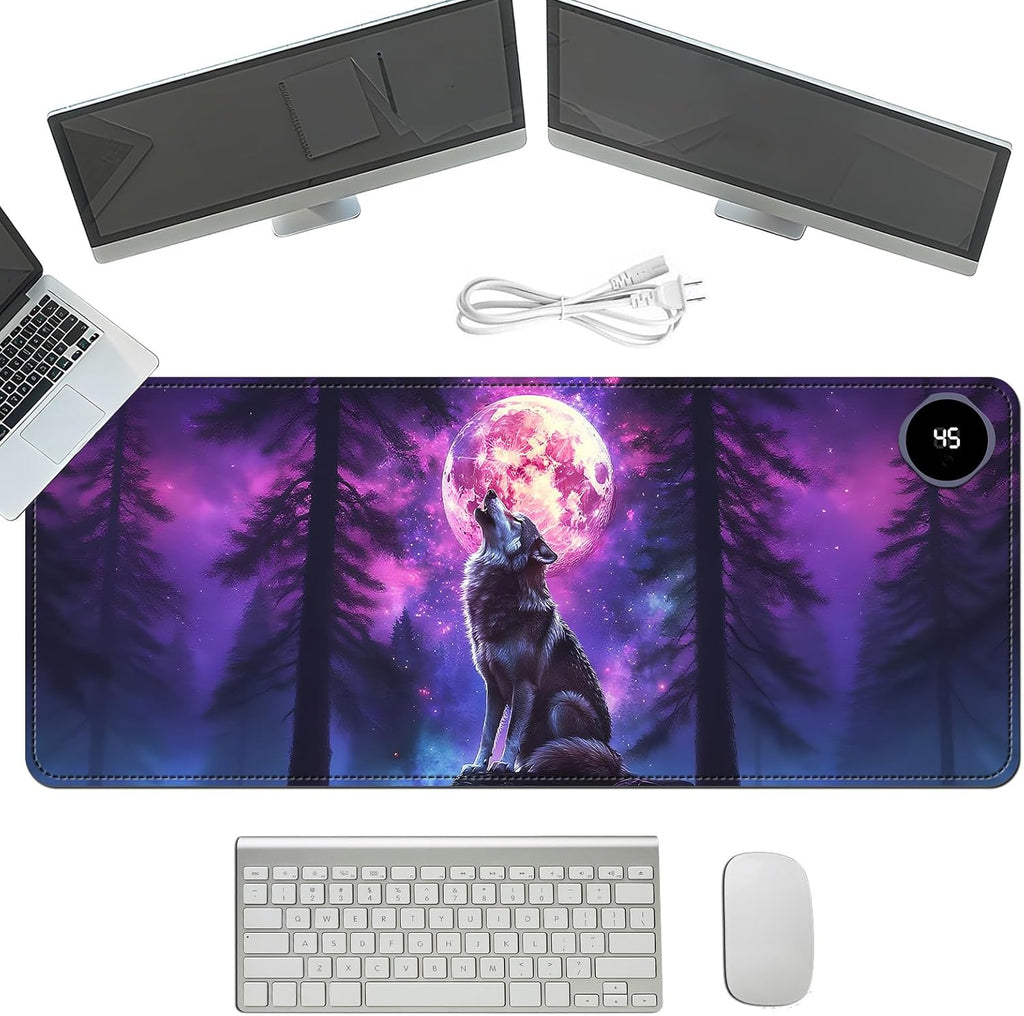 Heated Mouse Pad with 3 Temperature Settings(104°F–122°F),Large 31.5x13 Inch PU Leather Heated Desk Mat,Waterproof Warming Pad for Office,Gaming & Cold Hands Relief,Moon Wolf Howling