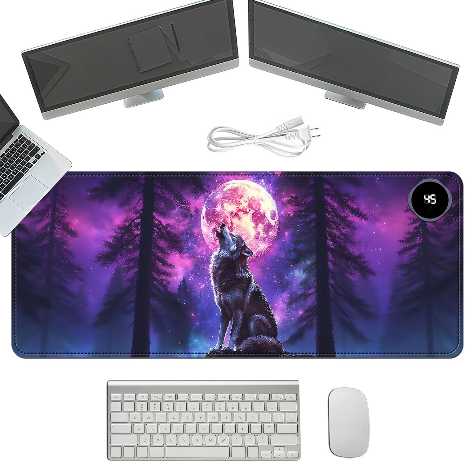 Heated Mouse Pad with 3 Temperature Settings(104°F–122°F),Large 31.5x13 Inch PU Leather Heated Desk Mat,Waterproof Warming Pad for Office,Gaming & Cold Hands Relief,Moon Wolf Howling