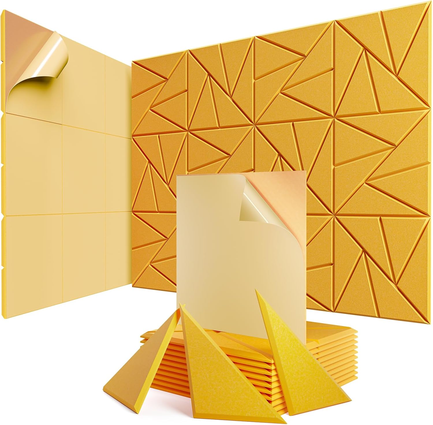 12 pack Acoustic Panels With Self-Adhesive, 12"X 12"X 0.4"Sound Proof Foam Panels, Sound Panels High Density, Soundproof Wall Panels for Home Studio Office Gold