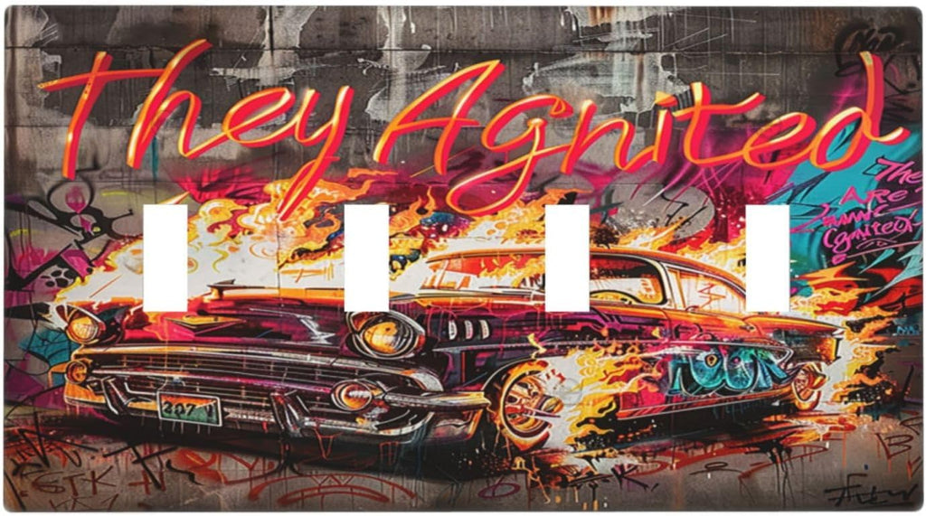 Light Switch Covers Hip Hop Street Graffiti Flame Car Quad Toggle Electrical Faceplate 4 Gang Wall Plate Decorative Switch Plates for Bedroom living Room Decor