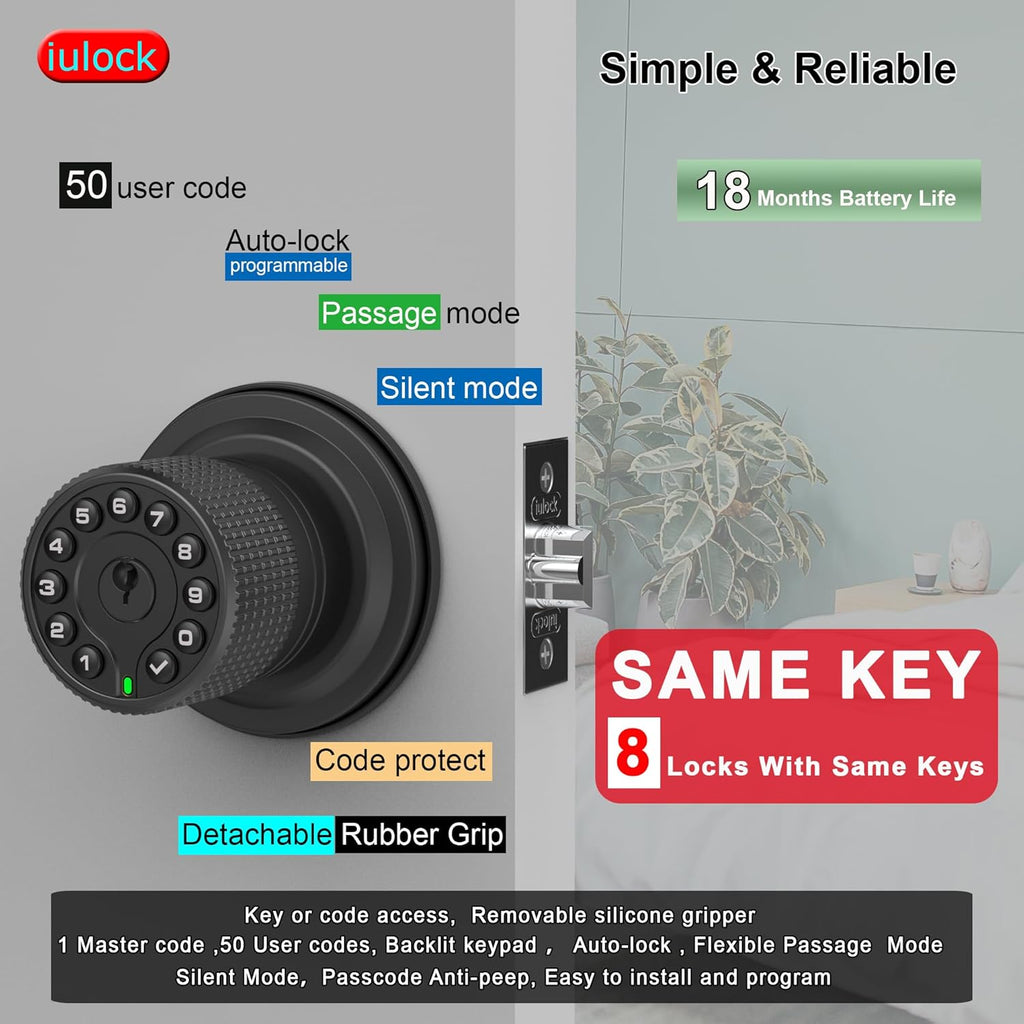 Smart Door Knob with Keypad and Key,Keyless Entry Door Lock with Rubber Grip, Auto Lock,50 User Code,Waterproof, Easy to Install and Program for Bedroom(Matte Black Same Key 8 Pack)