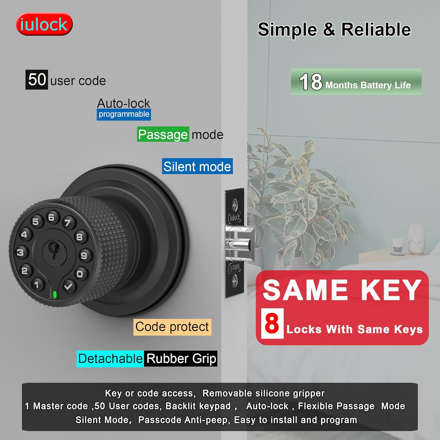 Smart Door Knob with Keypad and Key,Keyless Entry Door Lock with Rubber Grip, Auto Lock,50 User Code,Waterproof, Easy to Install and Program for Bedroom(Matte Black Same Key 8 Pack)