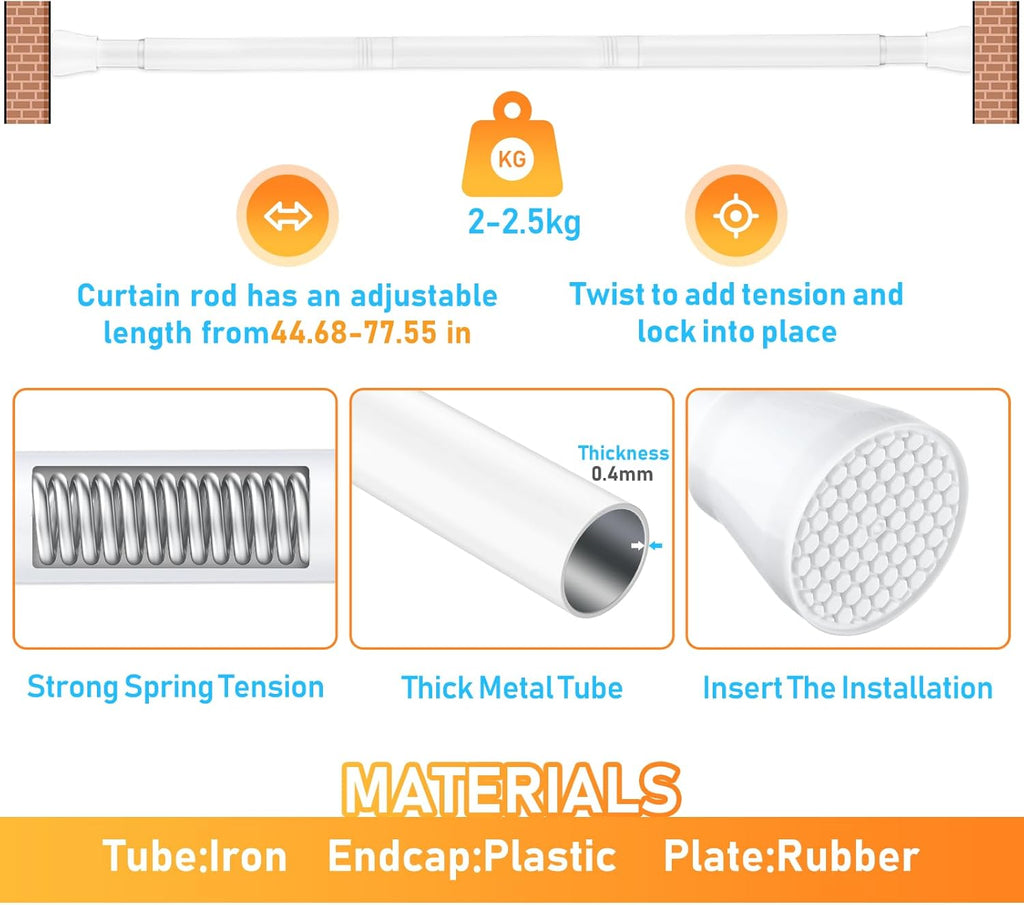Shower Curtain Rod 42-73 Inch White Shower Rod 7/8" Tension Curtain Rod Adjustable Curtain Rods No Drilling Shower Tension Rod Shower Curtain Tension Rod for Bathroom Windows Doorways