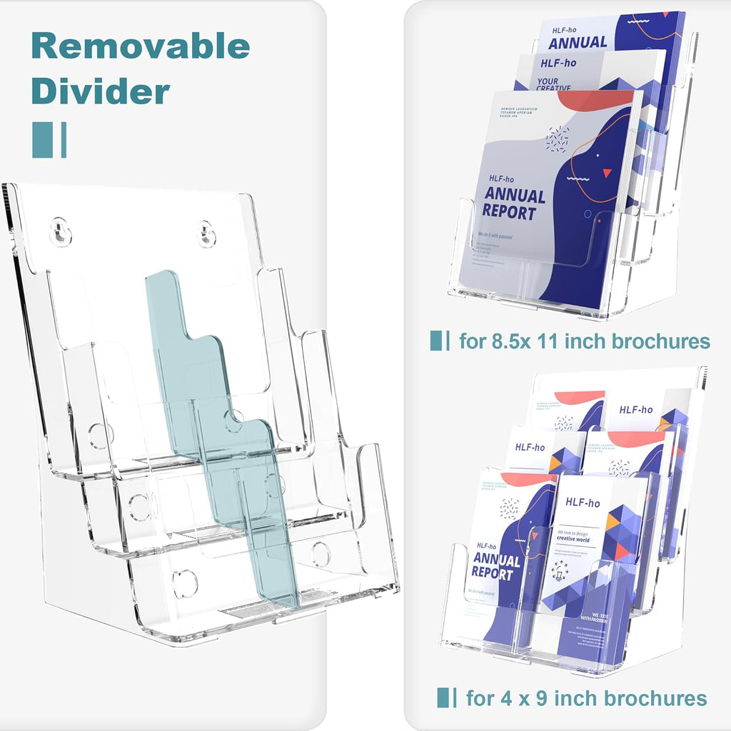 Brochure Holder 8.5x11 Inch 3 Tier with Removable Divider for 4x9 inch Clear Acrylic Pamphlet Display Stand Holder Countertop Use or Wall Mount for Office, Lobby, Hotel, Trade Show, 1 Pack