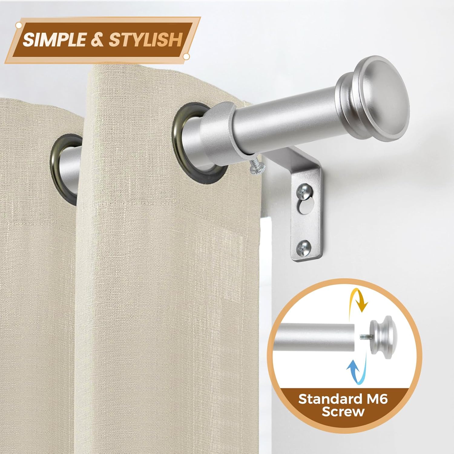 TONIAL Curtain Rod 32 to 86 Inch(2.6-7.2ft), Telescoping Splicing 3/4 Drapery Rods for Windows 54 to 82 Inch(4.5-6.8ft) with Small Cap Finial, Silver