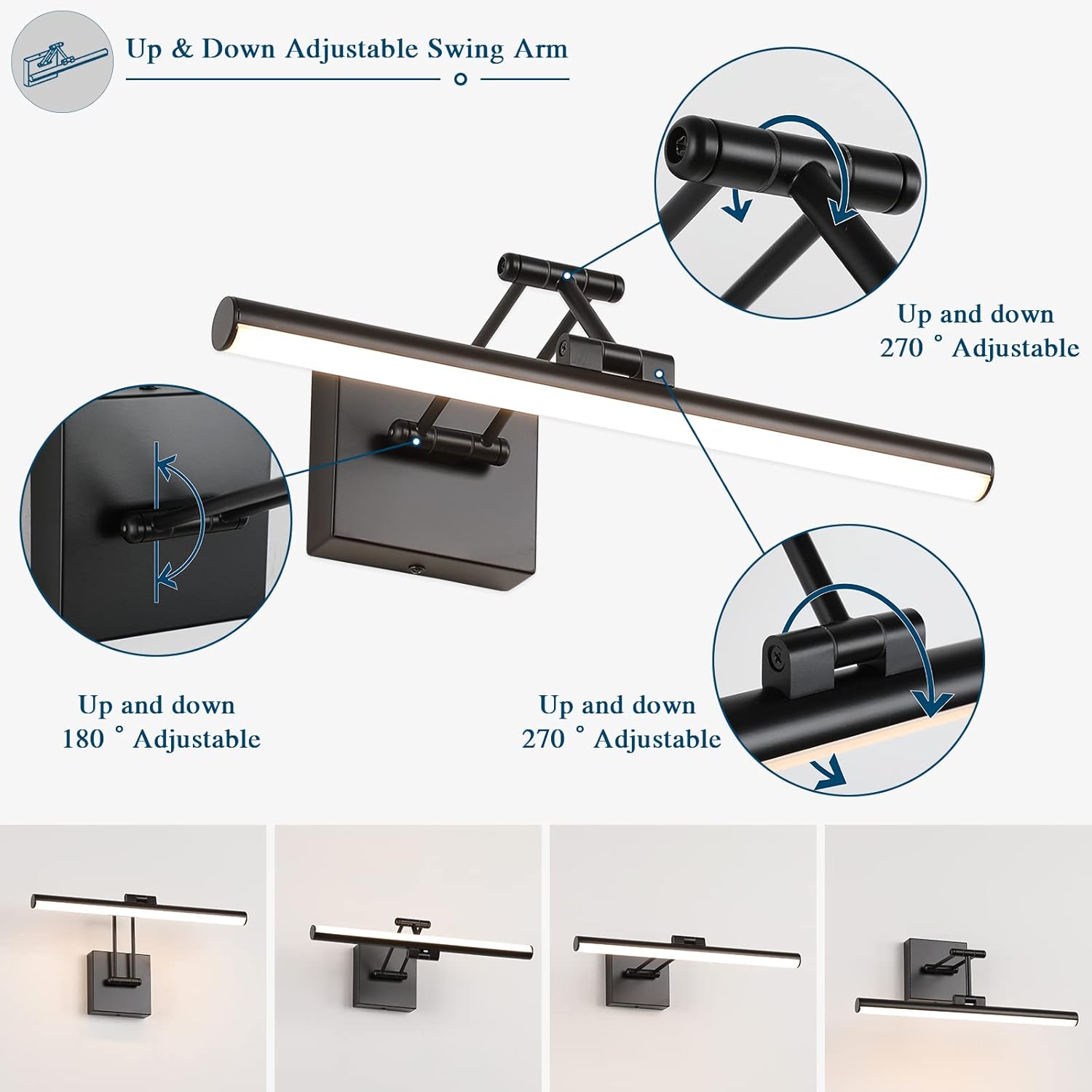 Joossnwell LED Picture Lights for Paintings Dimmable 15.5 Inch Long Hard-Wired Art Lights for Paintings Black Gallery Light with Adjustable Swing Arm Artwork Display Lamps 7W 3000K Warm White