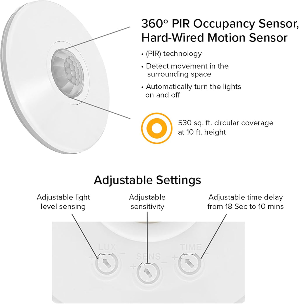 Maxxima Ceiling Mount 360 Degree PIR Occupancy Sensor - Hard-Wired Motion Sensor, 120V LED Compatible, Automatic Sensing Solution for Indoor Use at Max Height 10ft, Ideal for Closets and Pantries