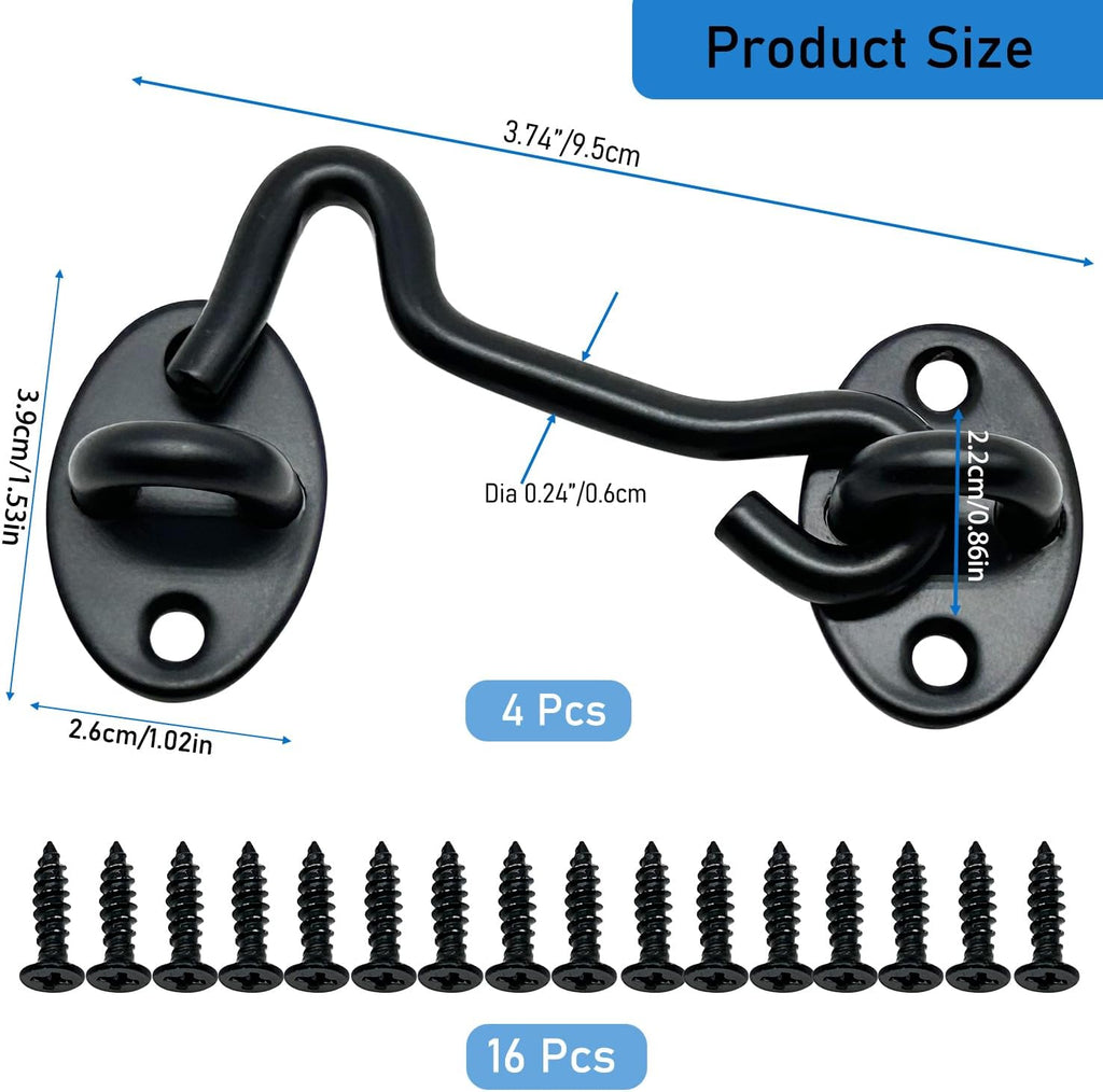 4-Pack 3Inch Door Lock Gate Latch Premium Stainless Steel Hook and Eye Gate Latch Cabin Hook with 16pcs Screws, Black