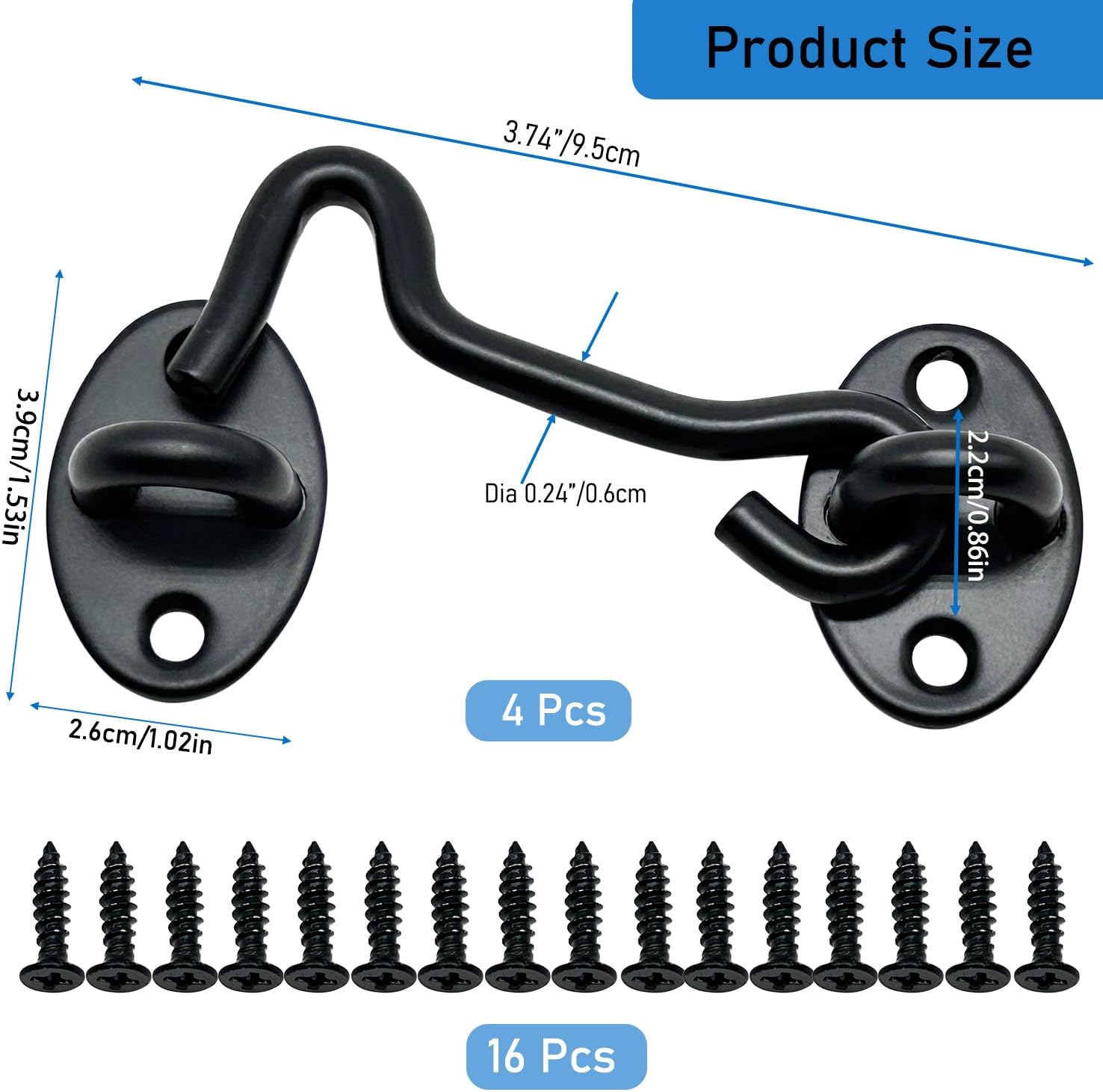 4-Pack 3Inch Door Lock Gate Latch Premium Stainless Steel Hook and Eye Gate Latch Cabin Hook with 16pcs Screws, Black