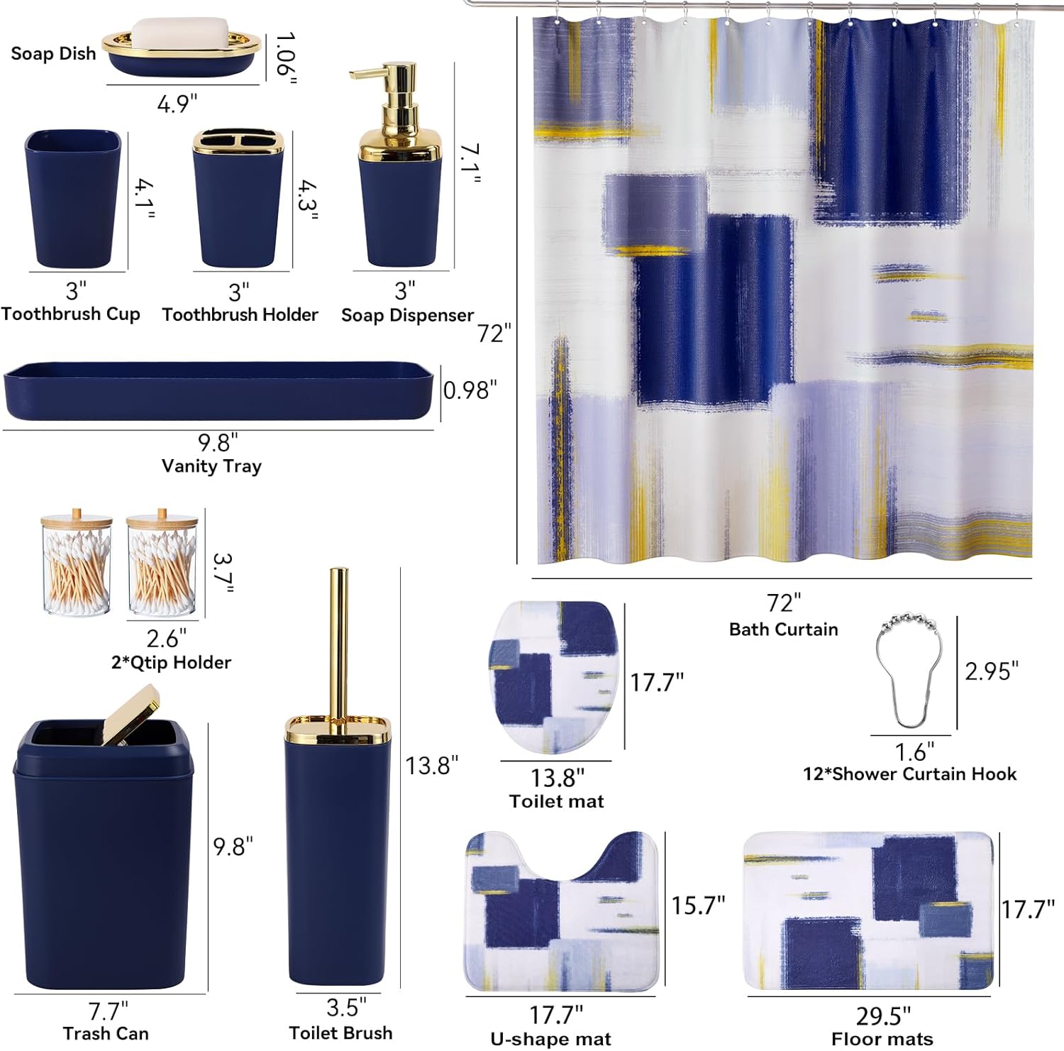Bathroom Set - Navy Blue and Gold Bathroom Accessories Set, Bathroom Sets with Shower Curtain and Rugs, Blue Shower Curtain Set with Bathroom Trash Can, Soap Dispenser,Soap Dish for Home Decor