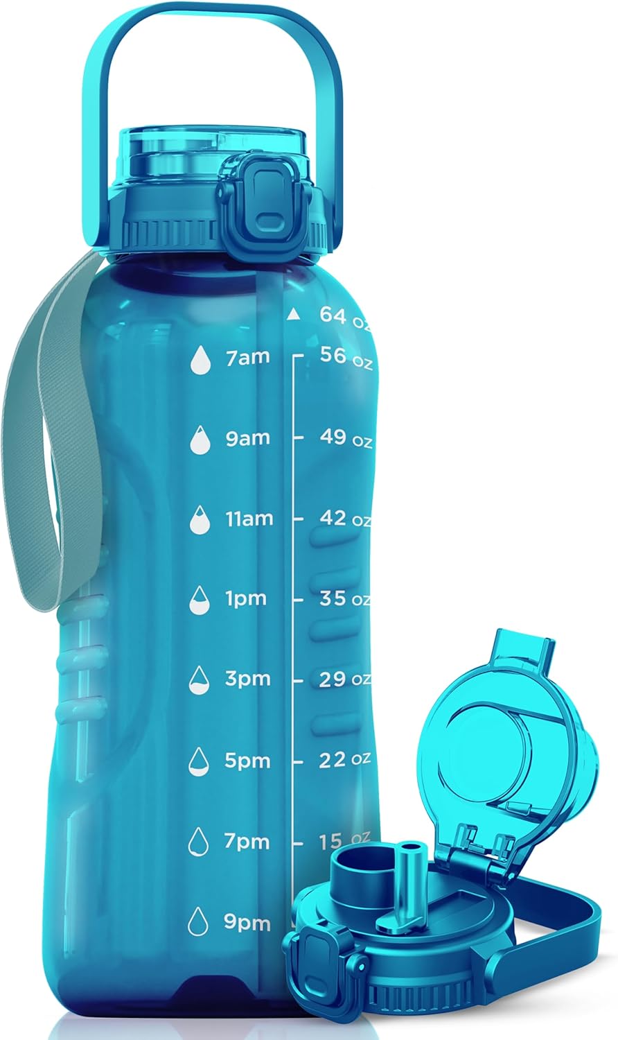 AQUAFIT 64 oz Water Bottle with Time Marker - 2in1 Straw & Chug Lid - BPA Free Big Water Bottle with Straw - Gym Water Bottle with Strap - Water Jug (64 Ounces, Aqua)