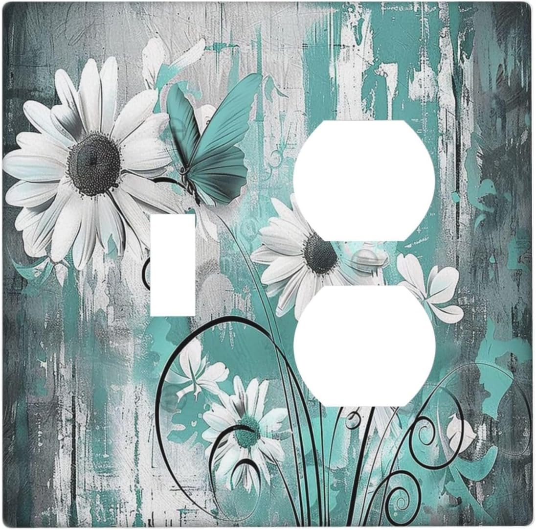 Wallplates Teal Daisy Floral Vintage Wood Plank 1 Toggle 1 Duplex Switch Plate Electrical Gfci Faceplate Decorative Light Switch Covers For Farmhouse Cabin Decor