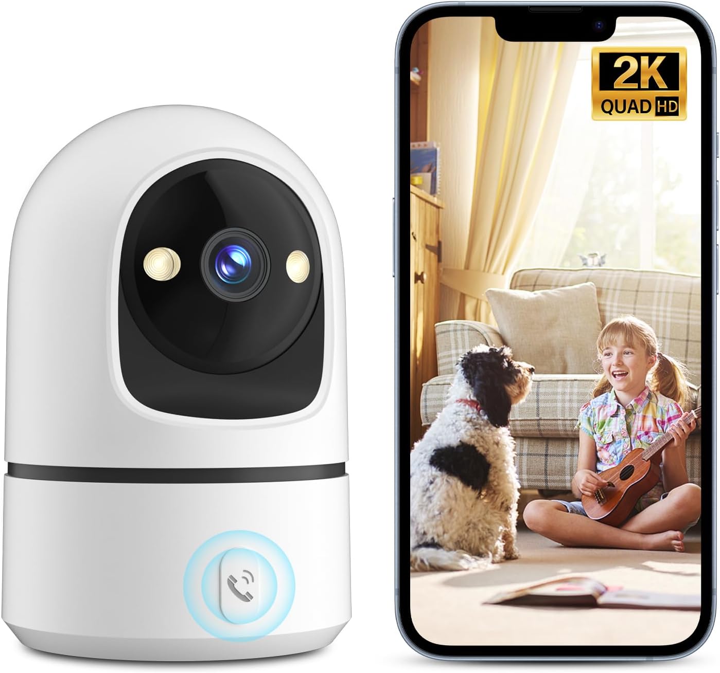 2K Indoor Security Camera, 360° WiFi Cameras for Home Security, Baby/Pet Camera with Phone App, One-Touch Call, Auto Tracking, IR Night Vision, Motion Detection, TF/Cloud Storage, 2.4Ghz WiFi
