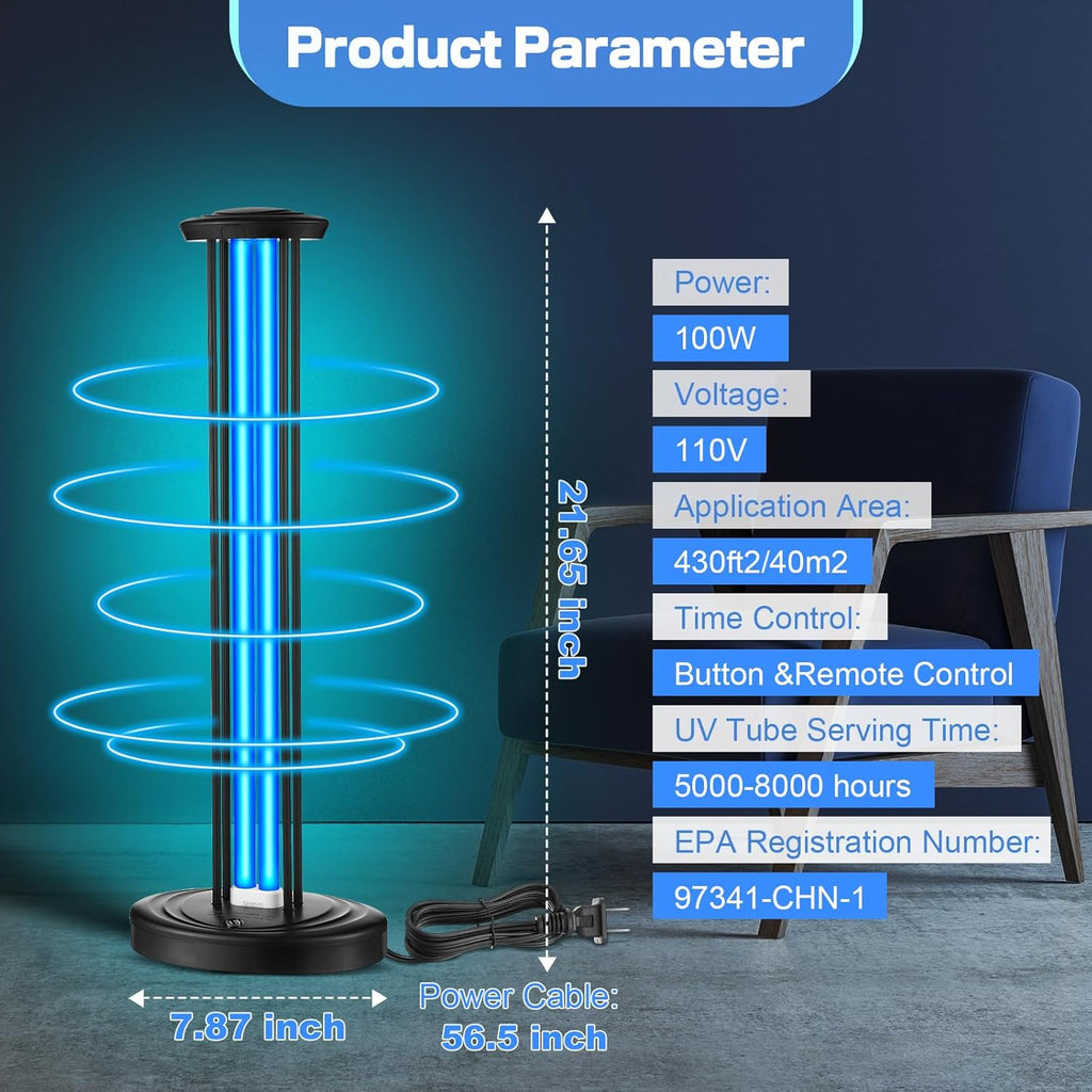 Qualirey 100W UV & Ozone Sanitizer with UV Light Glasses, High Power Room Disinfection Light with 3 Level Timer & Remote, Whole Room Disinfection for Large Spaces, Offices & Basements
