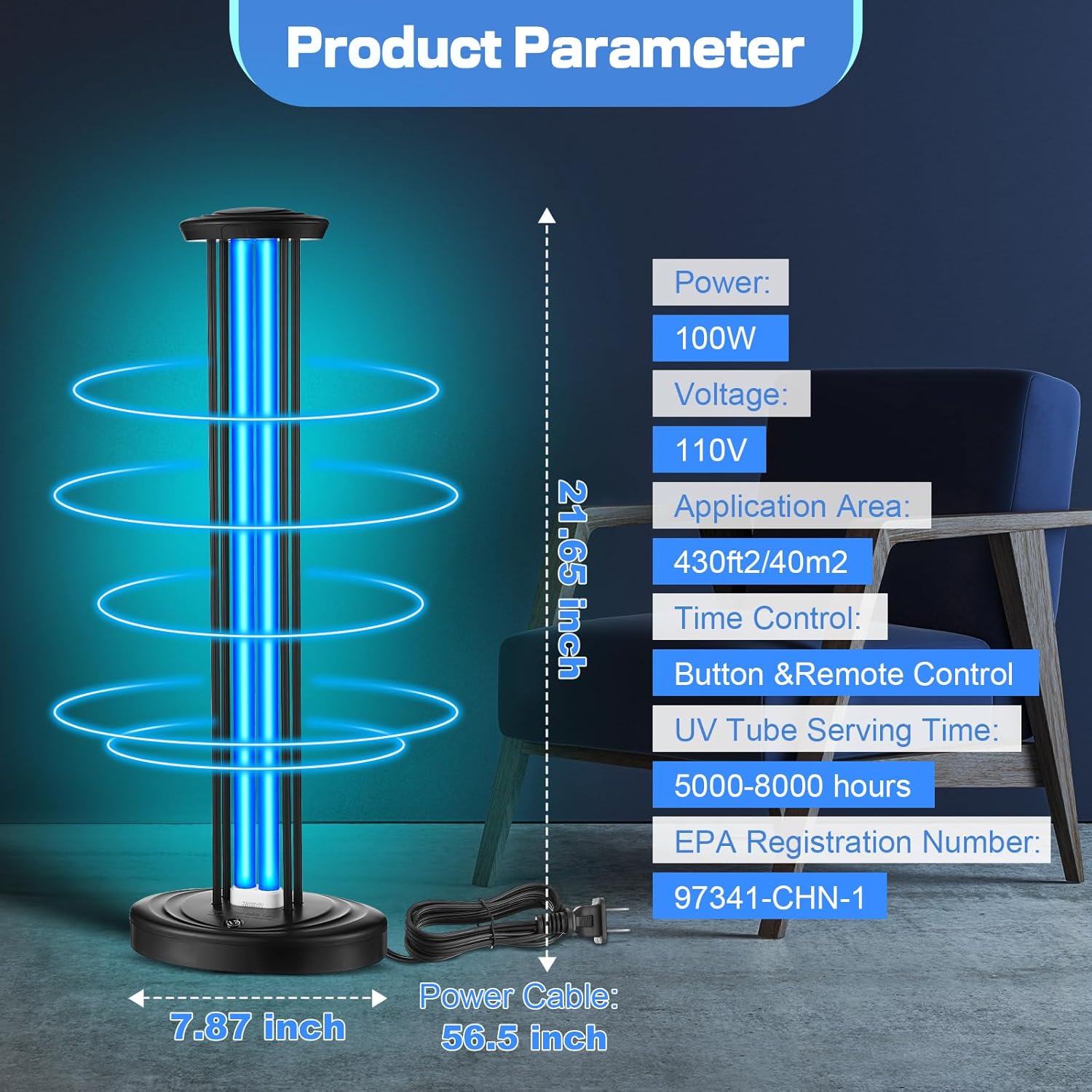 Qualirey 100W UV & Ozone Sanitizer with UV Light Glasses, High Power Room Disinfection Light with 3 Level Timer & Remote, Whole Room Disinfection for Large Spaces, Offices & Basements