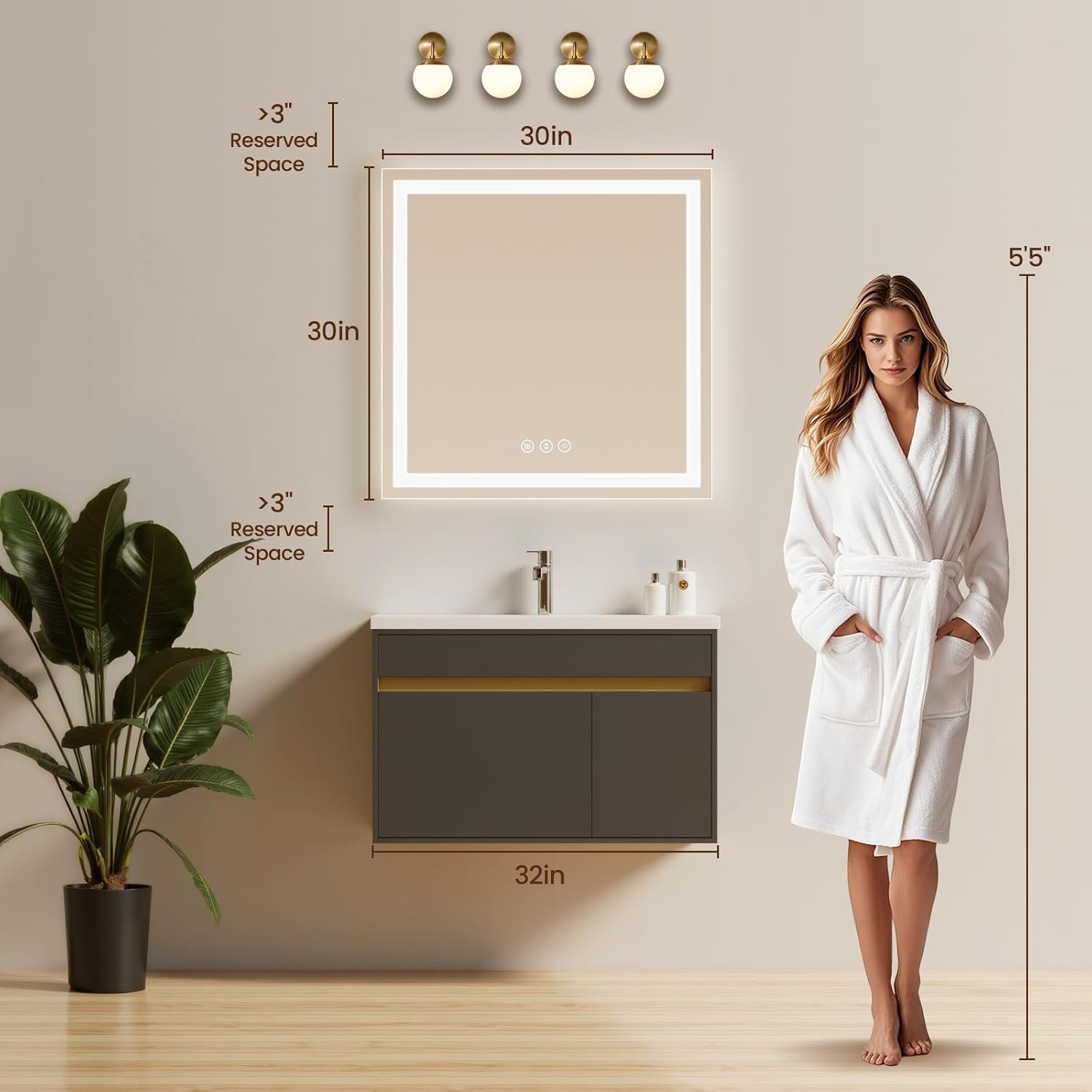 30x30 LED Bathroom Mirror with Lights, Anti-Fog, Backlit + Front Lit (CRI>90), Lighted Bathroom Vanity Mirror for Wall, Memory Function, Dimmable, Tempered Glass, Shatter-Proof