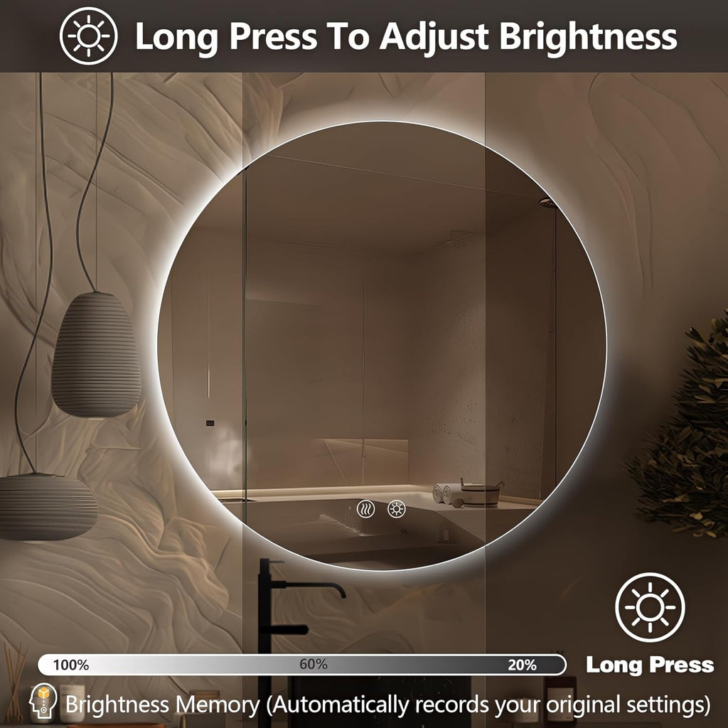Niccy Round Led Mirror for Bathroom, 28" Circle Frameless Backlit Mirror wiht Light, Anti-Fog, 3 Colors, Waterproof, Memory Function