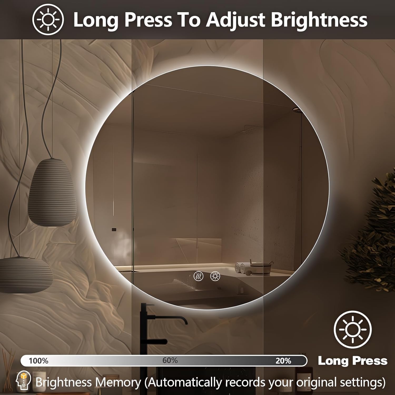 Niccy Round Led Mirror for Bathroom, 28" Circle Frameless Backlit Mirror wiht Light, Anti-Fog, 3 Colors, Waterproof, Memory Function