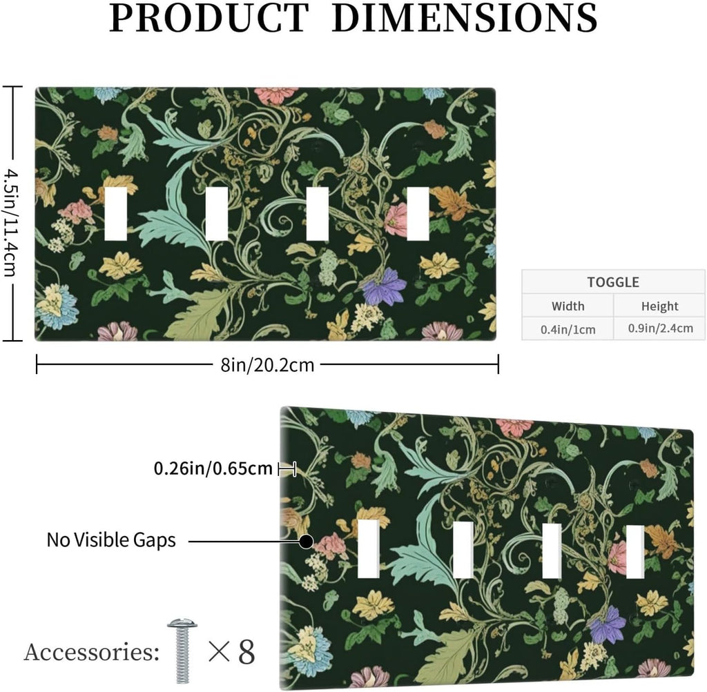 Decorative Light Switch Cover Plate Vintage Green Leaf Plant Rustic Pink Flower 4 Gang Wall Plate Oversized Quad Toggle Switch Cover Plate Jumbo Faceplate for Home Decor