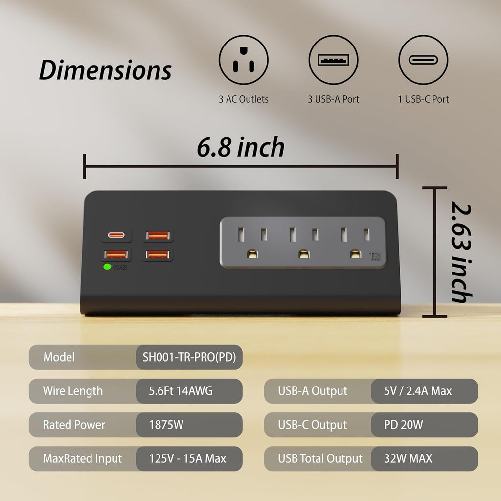 Power charge station edge clamp mount with USB-C portsTabletop Surge Protector Desk Clamp Power Sockets with 3 AC Outlets and 4 Fast Charging USB Ports for Home Office Hotel and Dormitory (Black-2pcs)