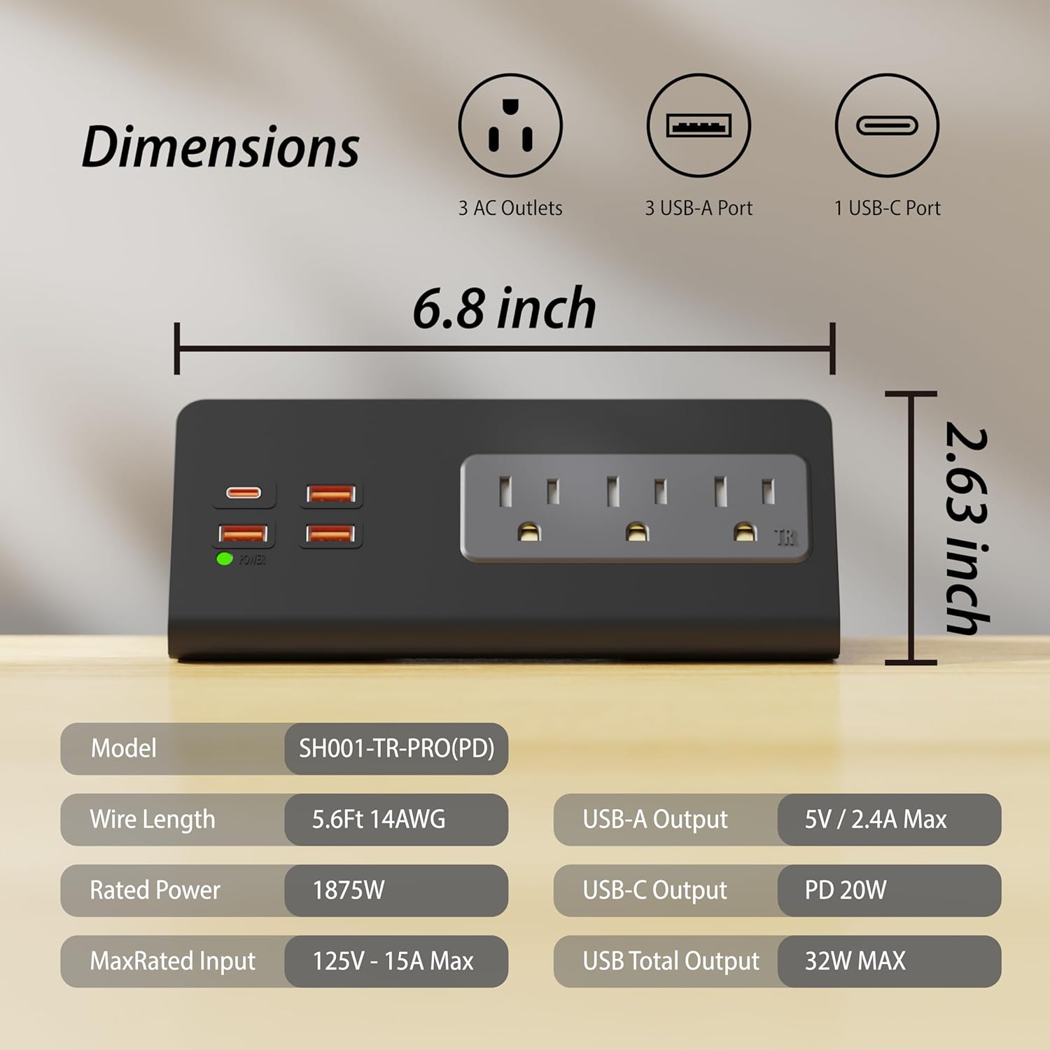 Upgraded Version Edge Mount Power Strip with USB-C Ports Tabletop Surge Protector Desk Clamp Power Sockets with 3 AC Outlets &4 Fast Charging USB Ports for Home Office Hotel Dormitory (Black - 1pack)