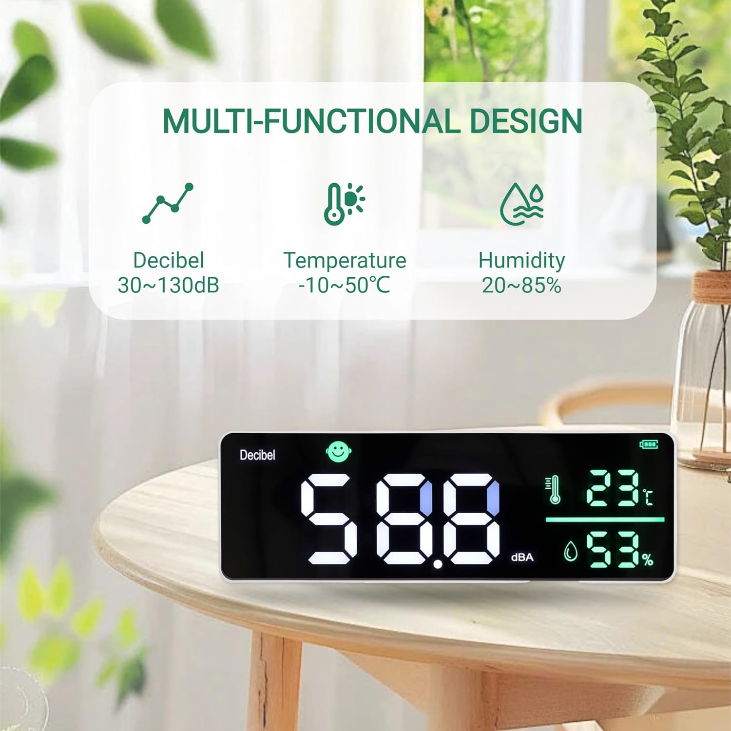 Decibel Meter Wall Hanging, 11in Large LED Screen Sound Level Meter, Temperature Humidity Meter with Alarm Icons Indicator for Classroom, Home, Studio, Factory