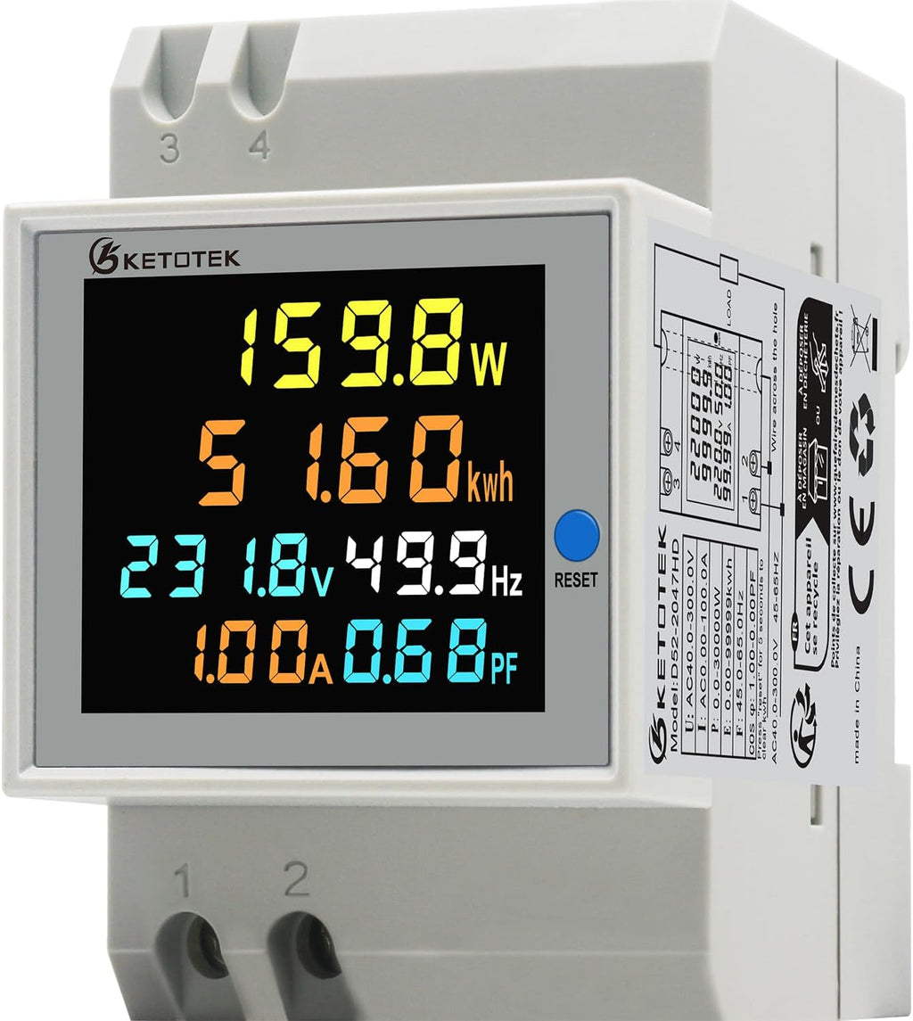 KETOTEK Single Phase Energy Meter Din Rail Electricity Usage Monitor AC 40-300V 100A Voltmeter Ammeter Watt Kwh Frequency Power Meter Built-in CT 110V