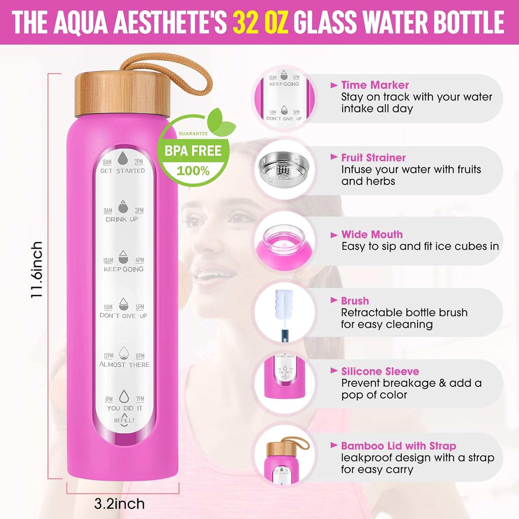 Aqulea Glass Water Bottles 32 Oz with Silicone Sleeve - BPA Free Reusable Wide Mouth Glass Motivational Water Bottles with Fruit Infuser – Leak Proof Borosilicate Water Bottle with Time Marker (Rose)