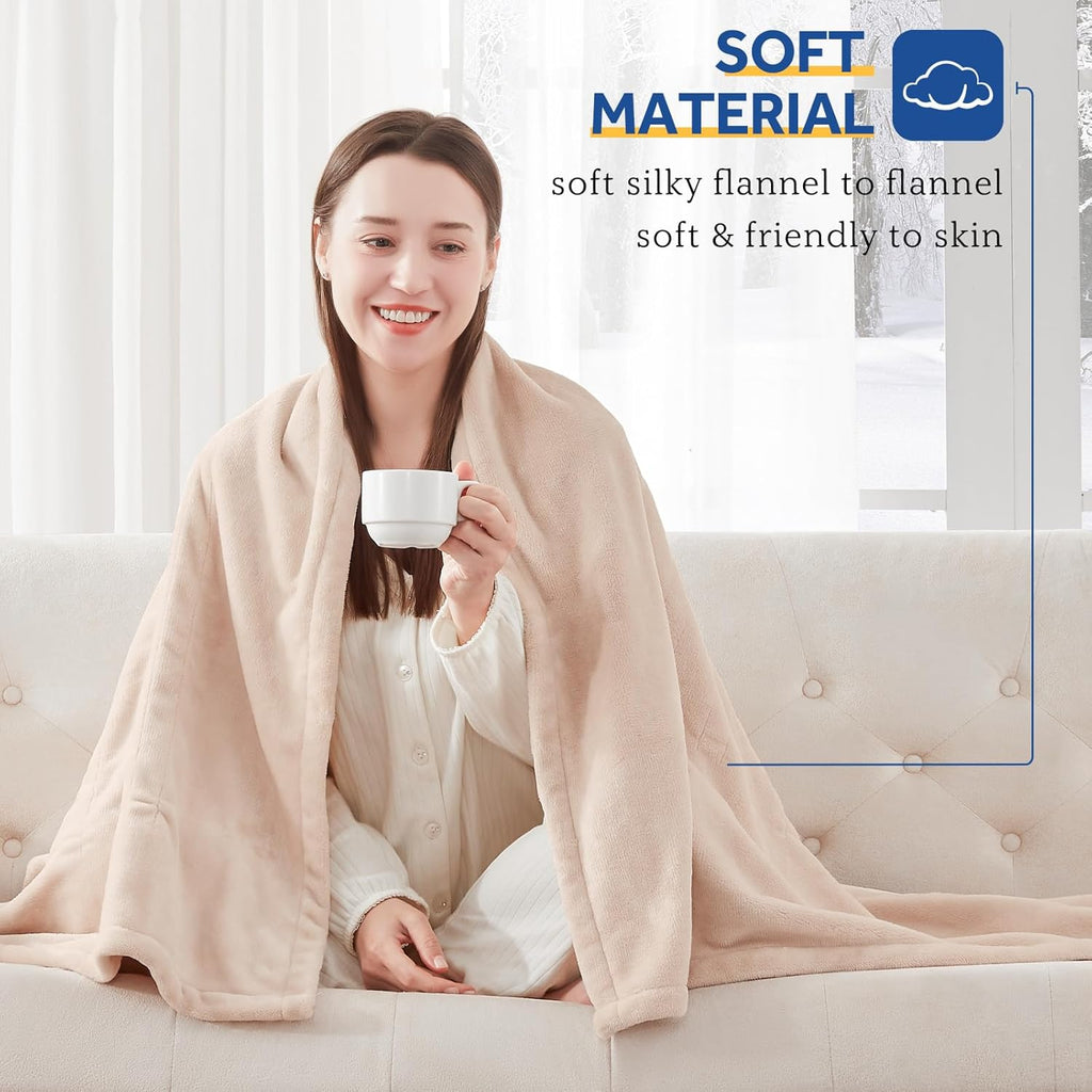 Sealy Electric Blanket Full Size, Flannel Heated Blanket with10 Heating Levels & Auto Shut Off, Machine Washable, Beige, 80 x 84 Inch