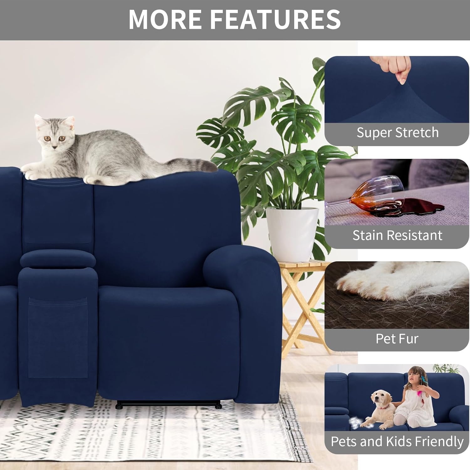 Easy-Going 100% Waterproof Recliner Cover, Stretch Couch Covers for Reclining Couches, Extra Large Sectional Sofa Slipcover, L-Shape Furniture Protector for Kids & Pets, 5 Seater, Navy
